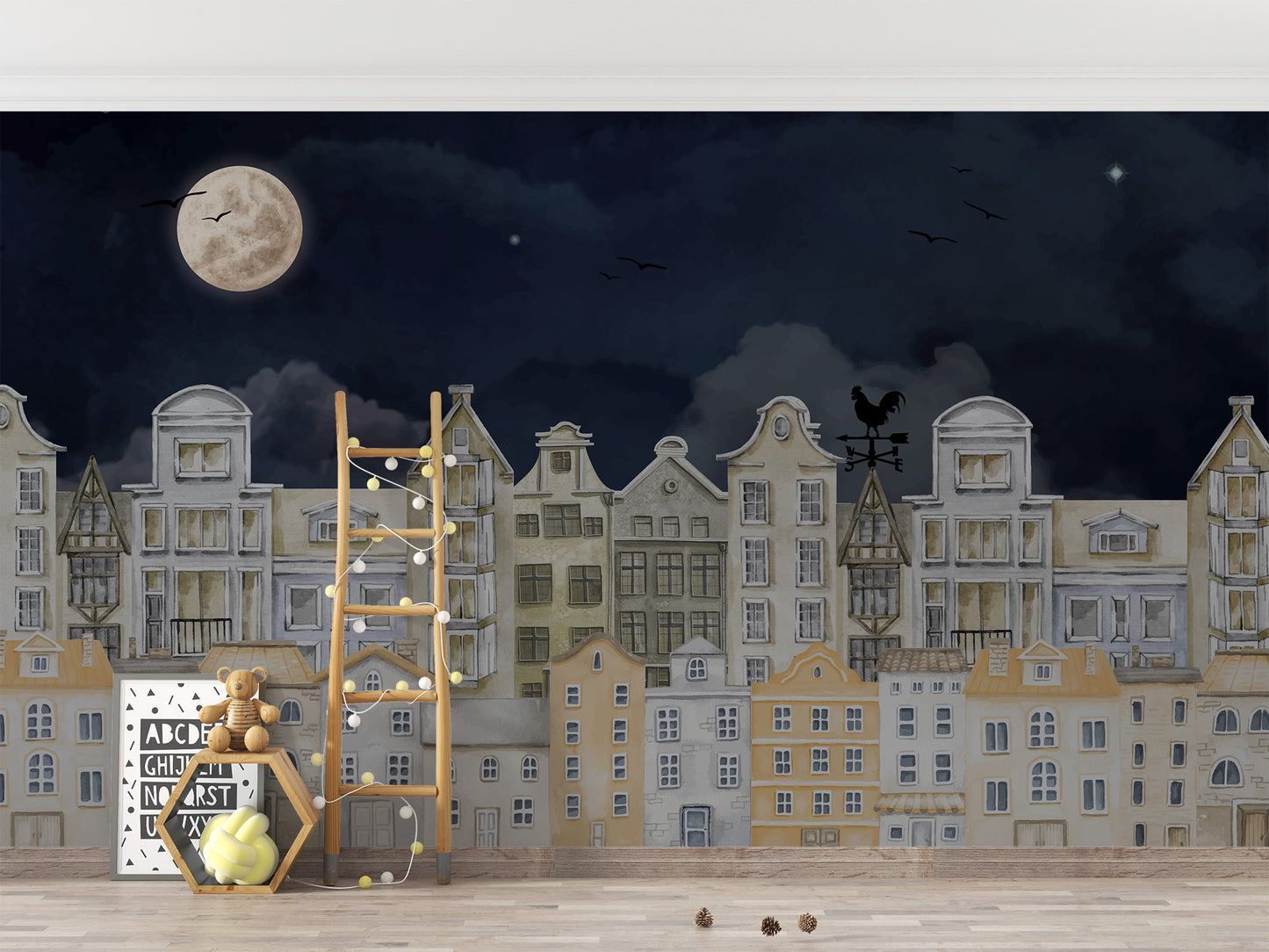 Urban Night Cityscape with Houses Mural