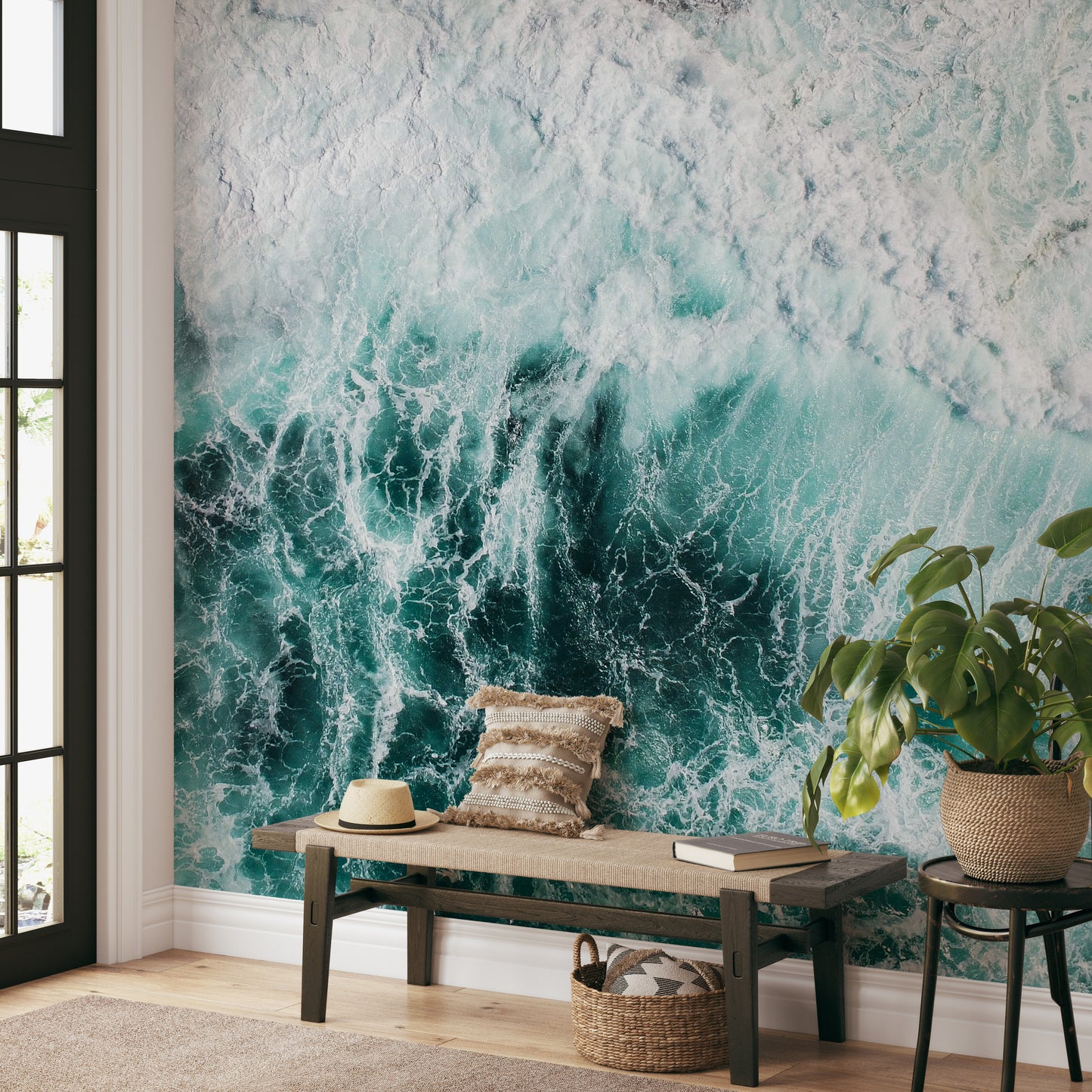Realistic splashing wave mural with foamy details