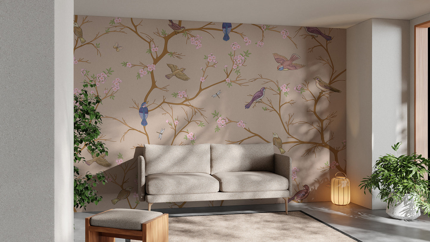 Soft beige floral design with birds for tranquil spaces