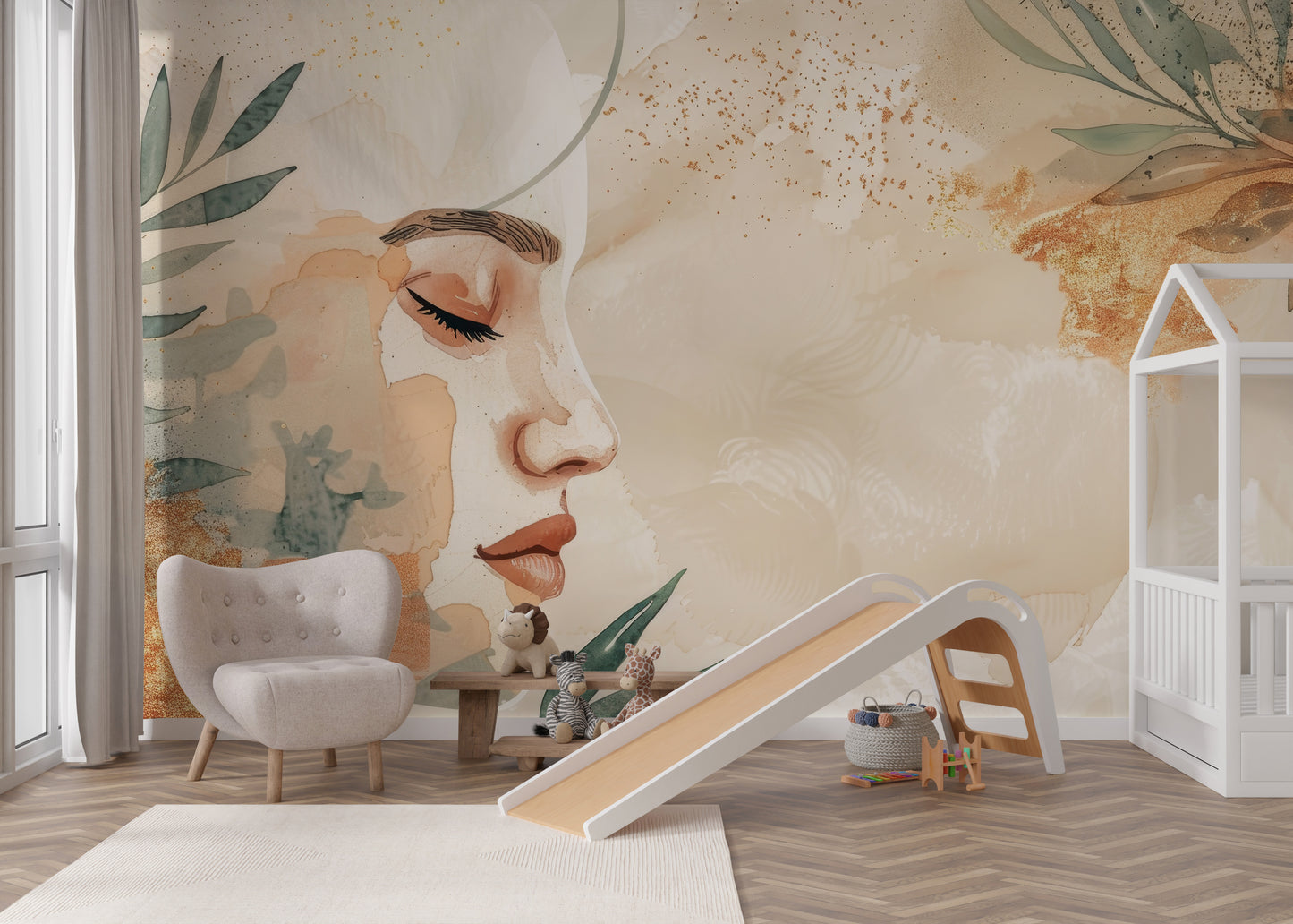 Botanical watercolor feminine portrait wallpaper in soft tones