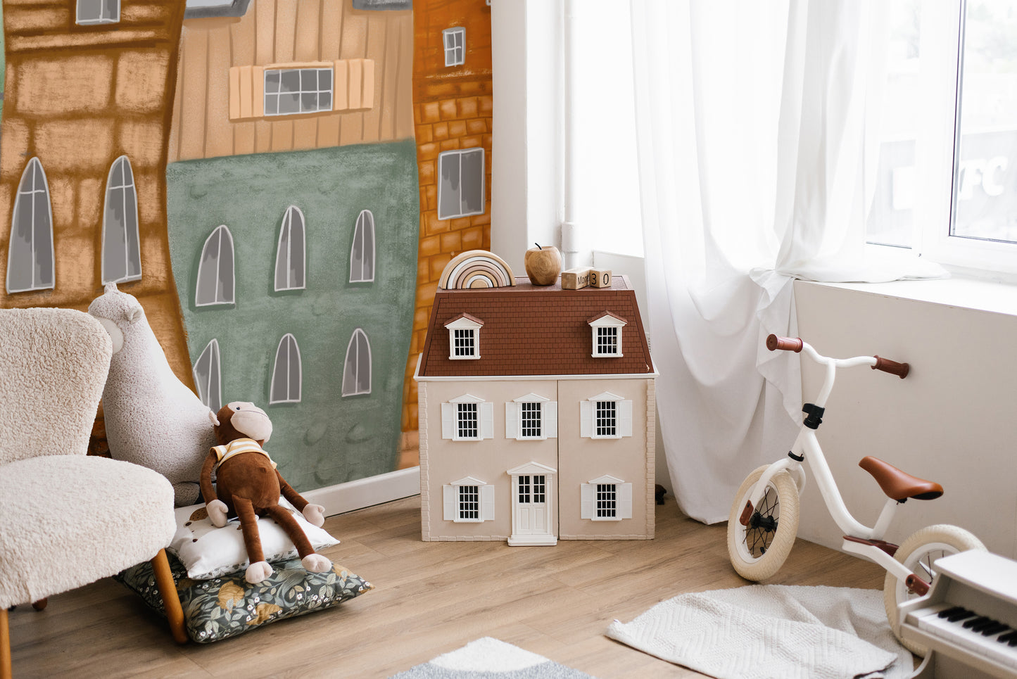 Vibrant storybook townscape mural for creative spaces