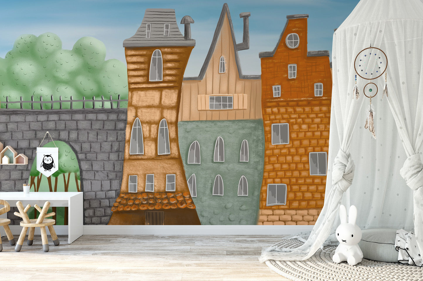 Storybook townscape wall mural for children's rooms