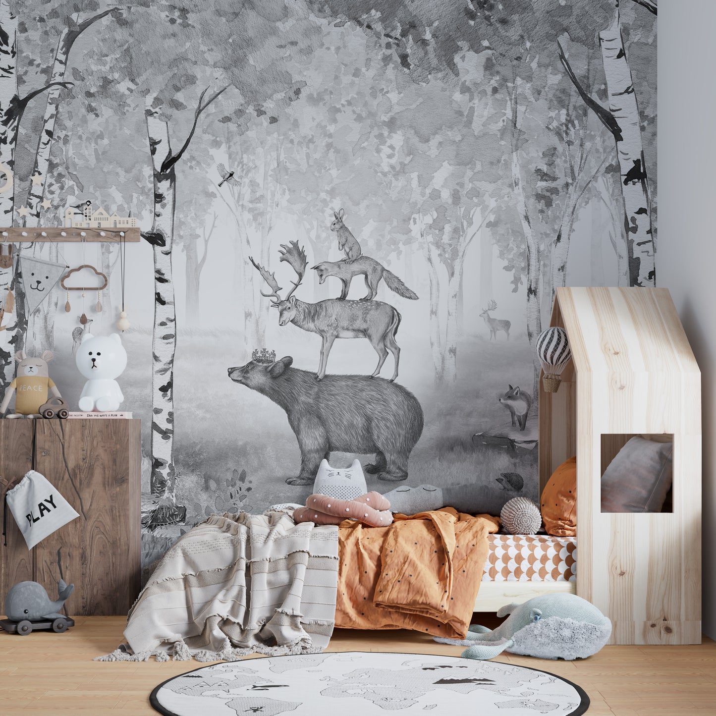 Forest-themed wall mural with minimalist monochrome art.