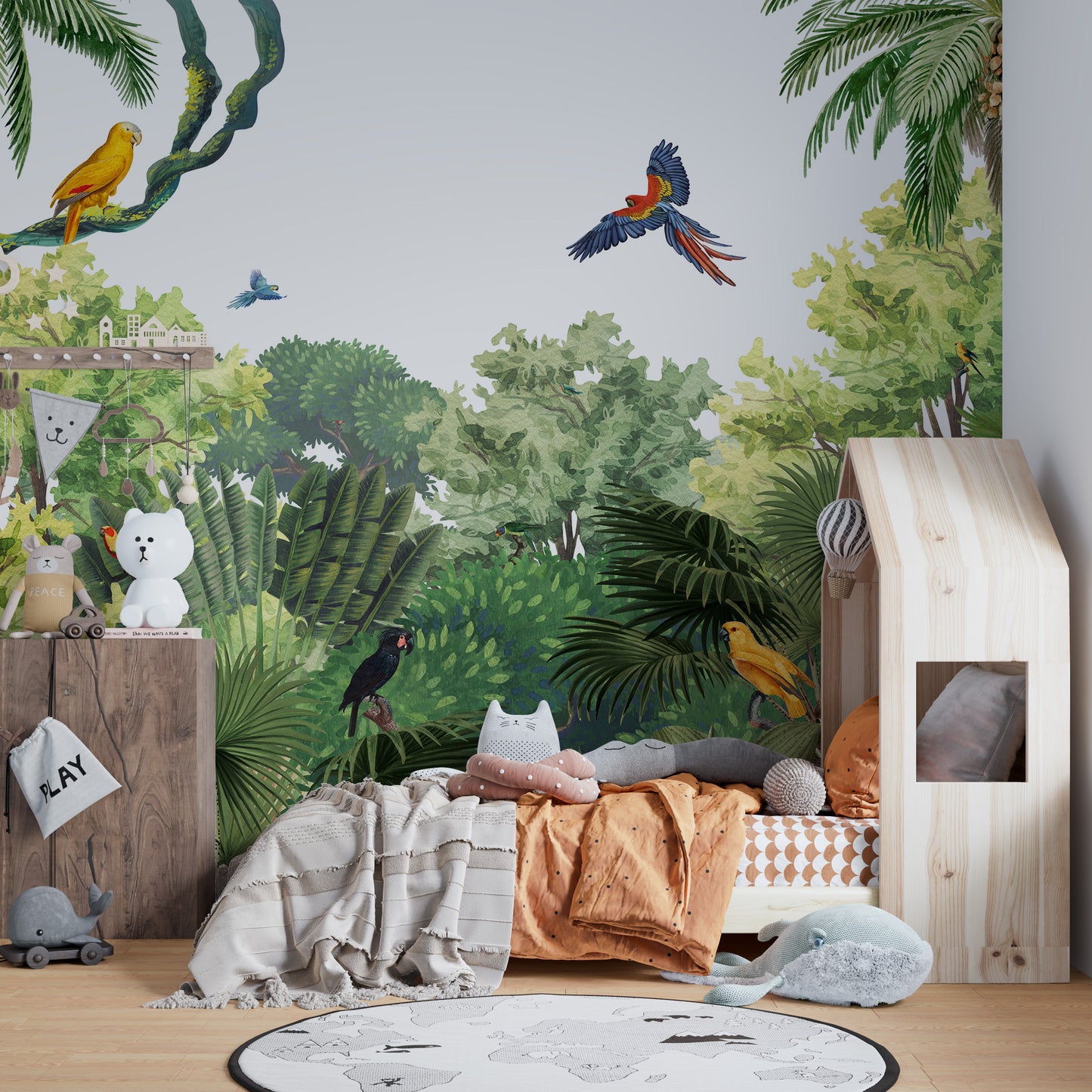 Exotic birds mural with vibrant tropical foliage design.