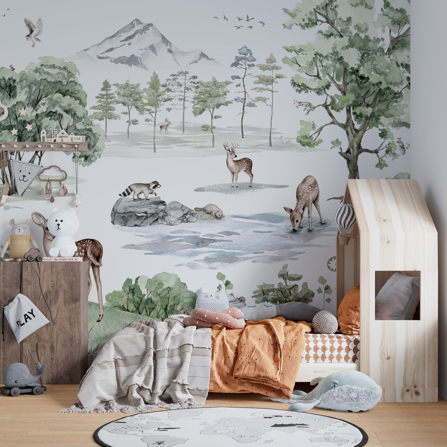 Winter deer mural adding charm to nature-inspired interiors.