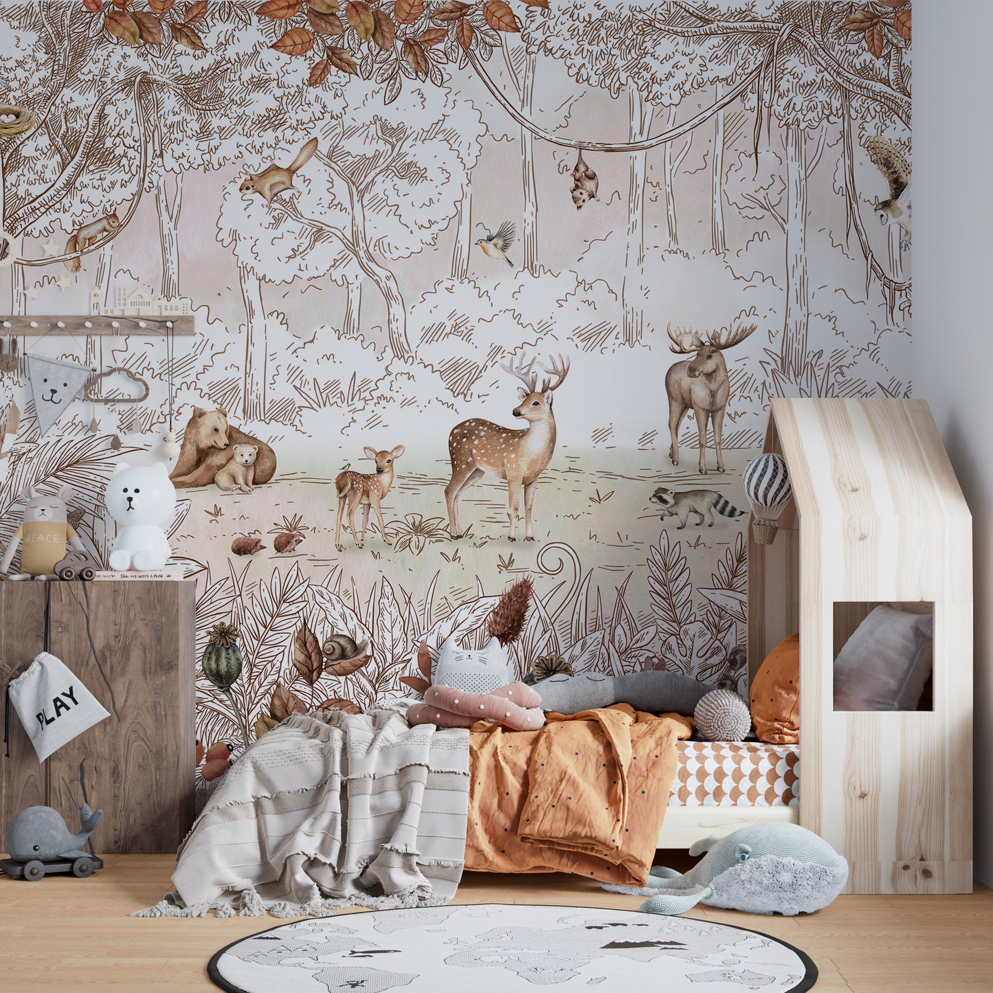Scenic mural featuring wildlife in a tranquil autumn forest.