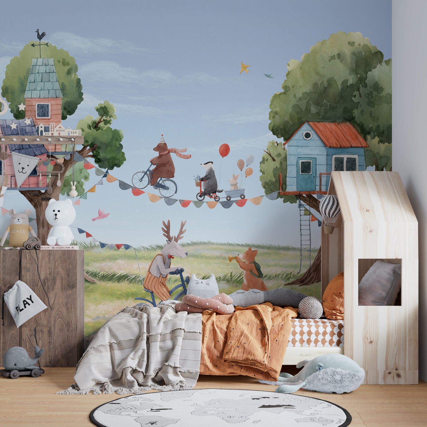 Kids' room transformation with Treehouse Party wallpaper.