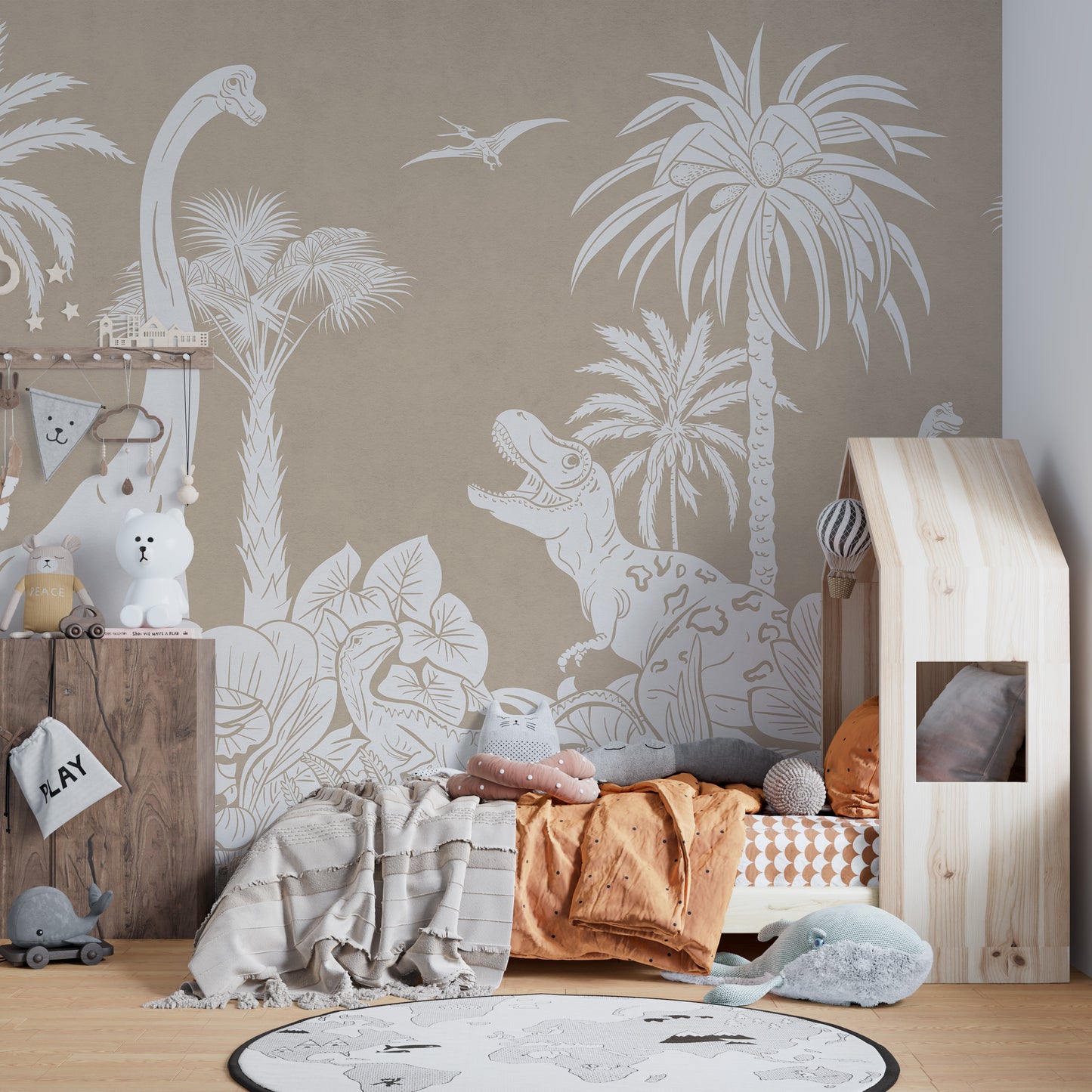 Transform walls with Monochrome Dino Brown mural design.