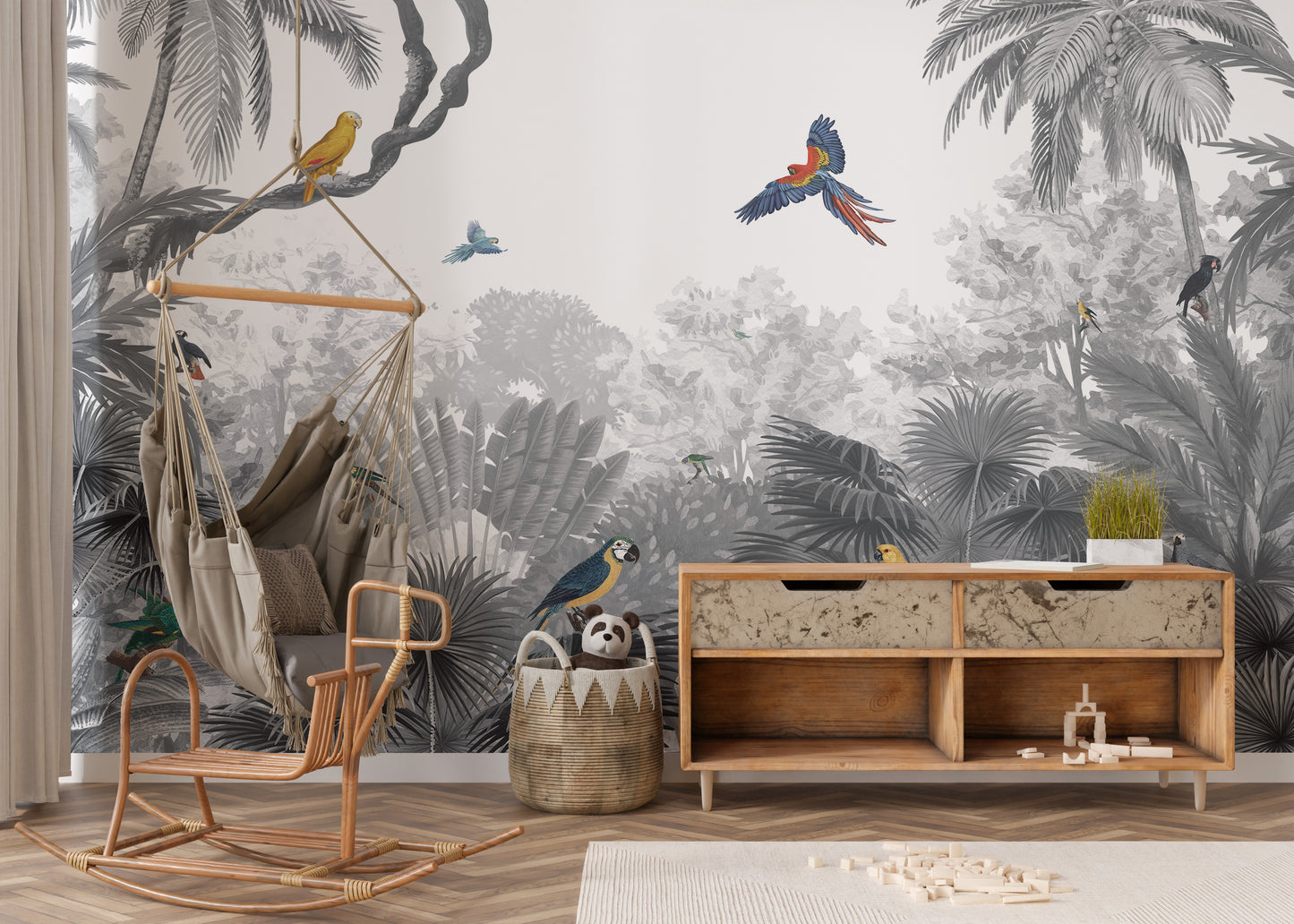 Artistic mural with tropical birds in a forest canopy.