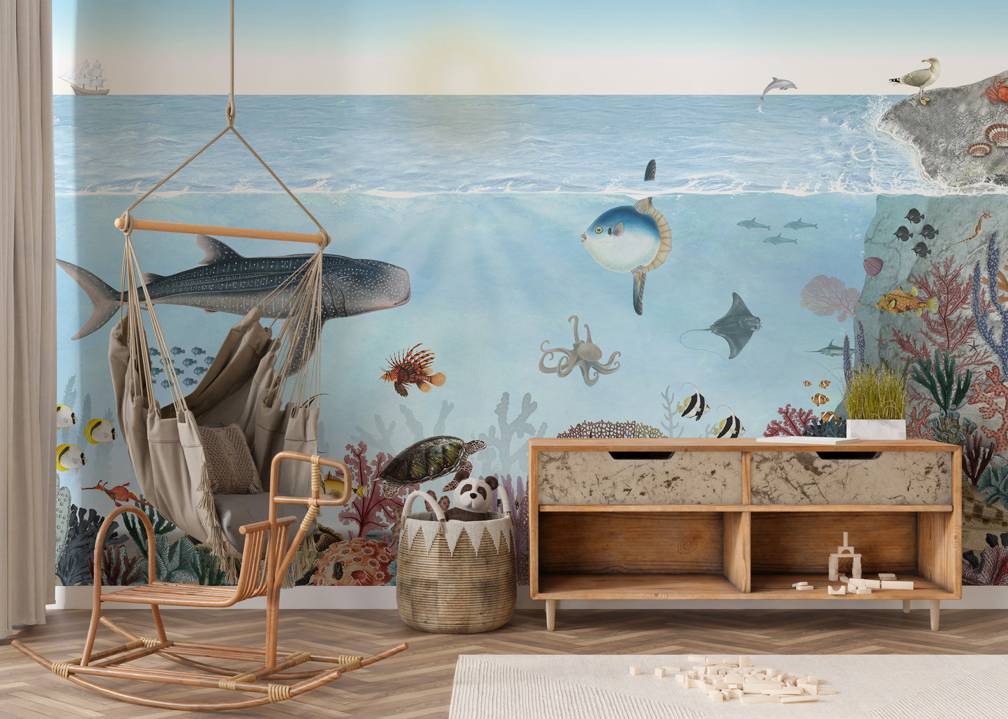 Artistic mural with an ocean-inspired lookbook design.
