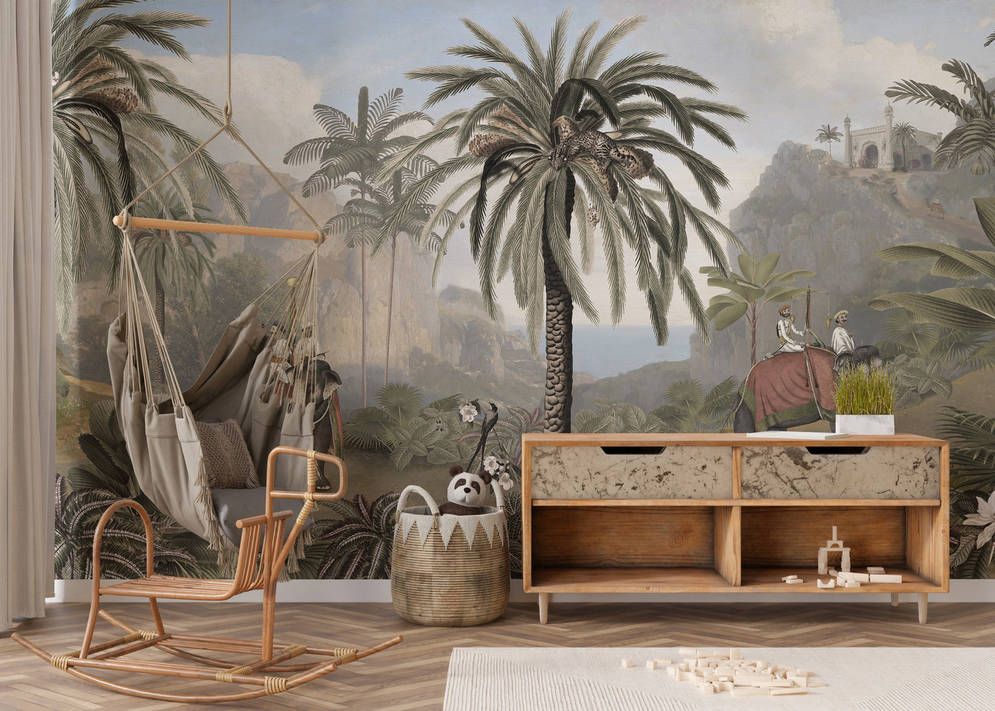 Immersive jungle mural with wildlife and vivid plants.