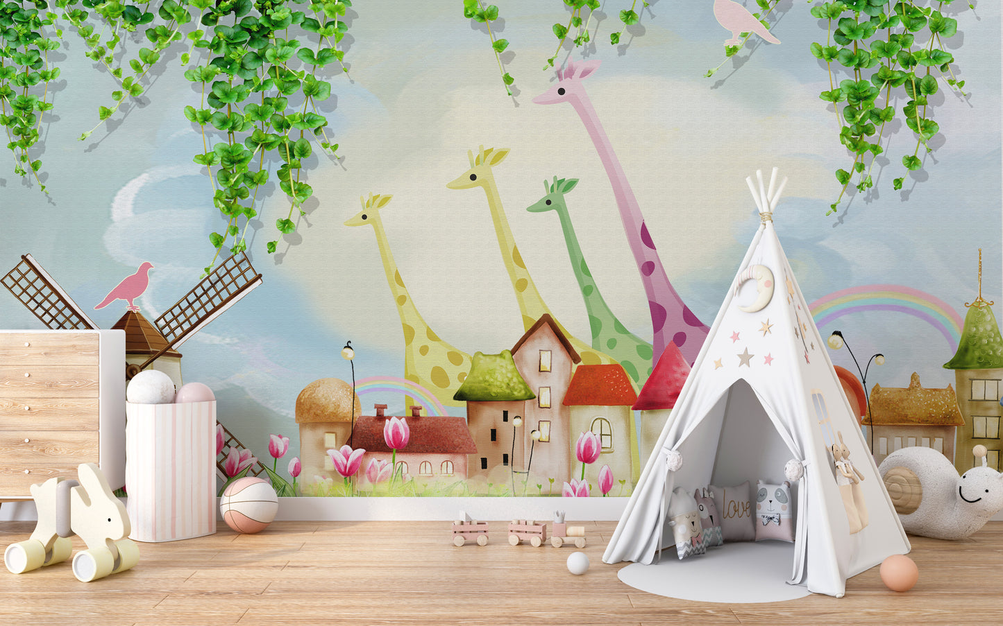 Artistic farmyard scene mural with watercolor style