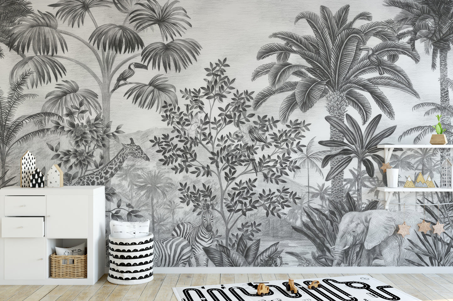 Stylish tropical safari wallpaper in monochrome tones