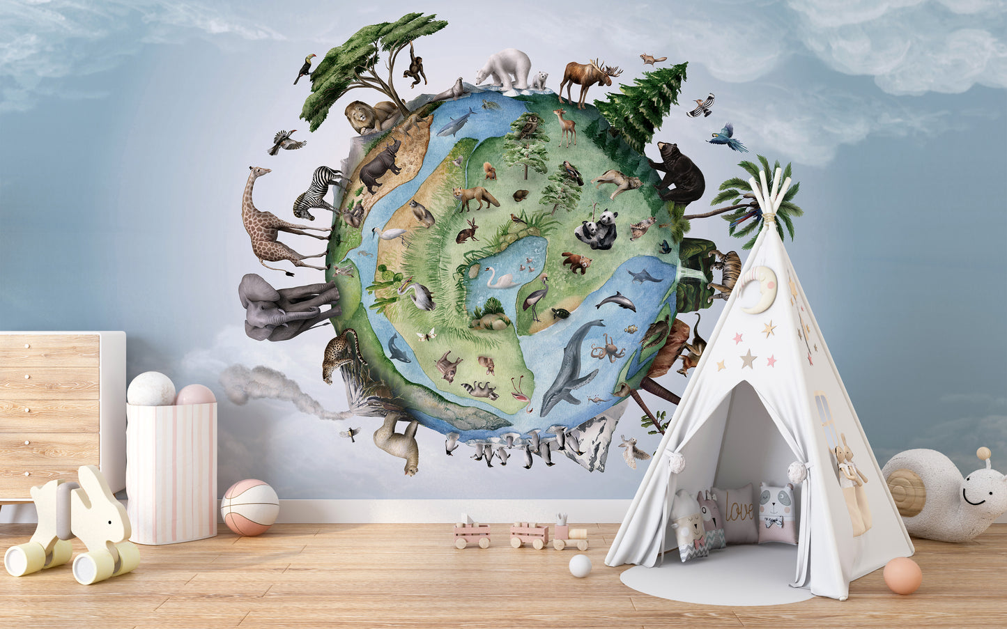 Global wildlife wall mural for nature-inspired interiors.