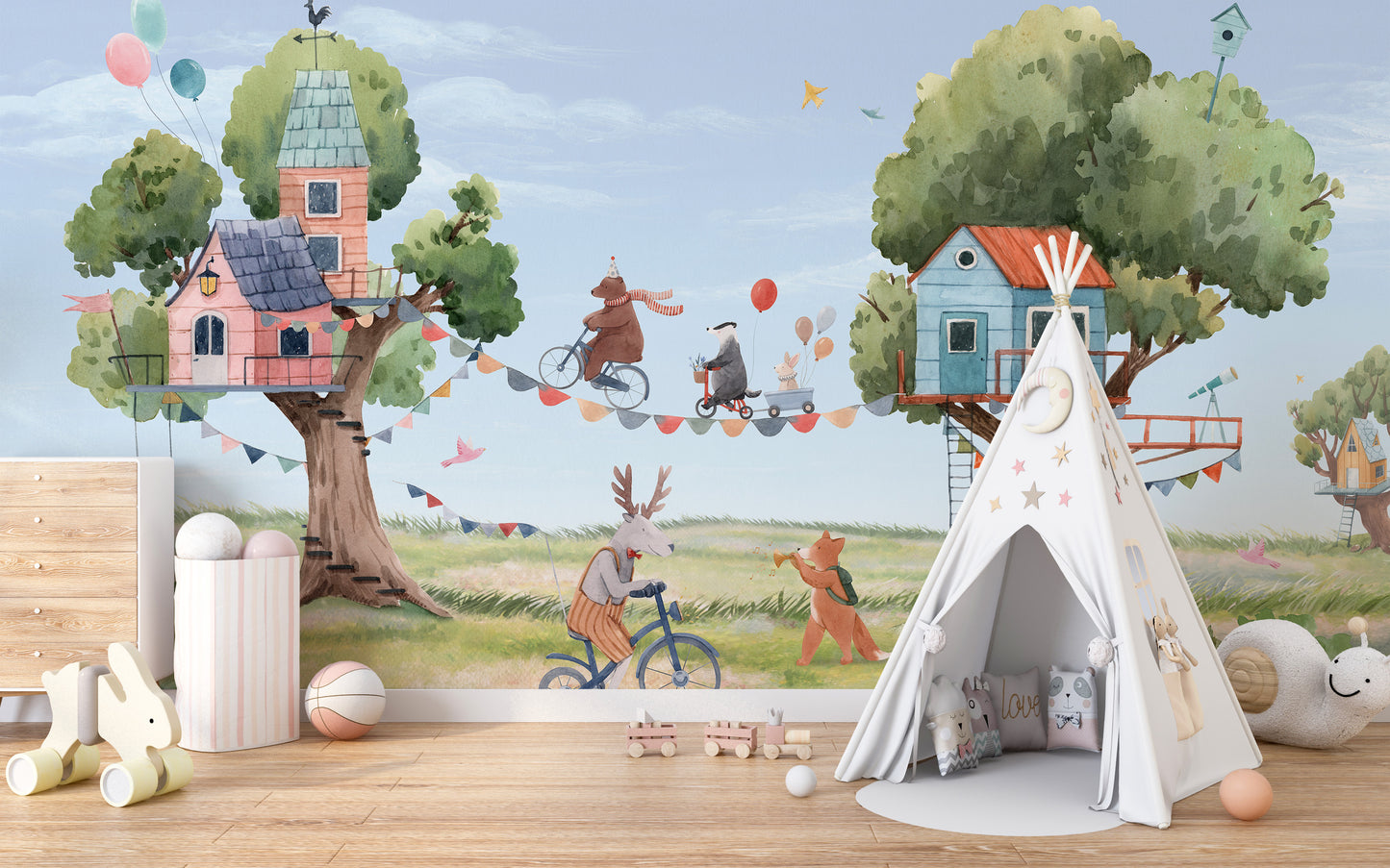 Treehouse Party mural brings imagination to children’s rooms.