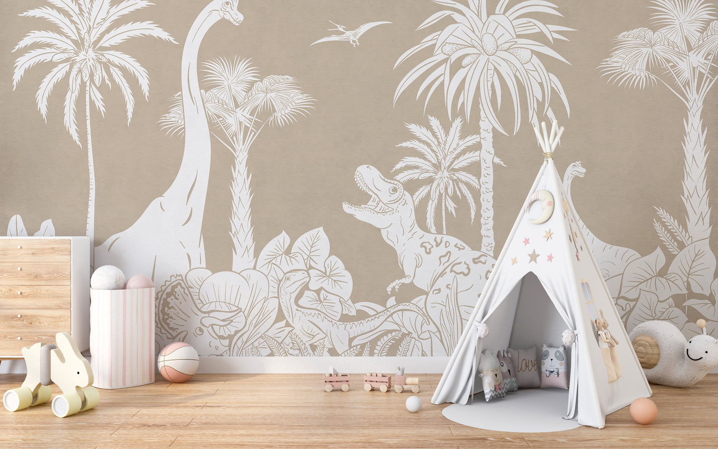 Monochrome Dino Brown wallpaper for modern kids' decor.