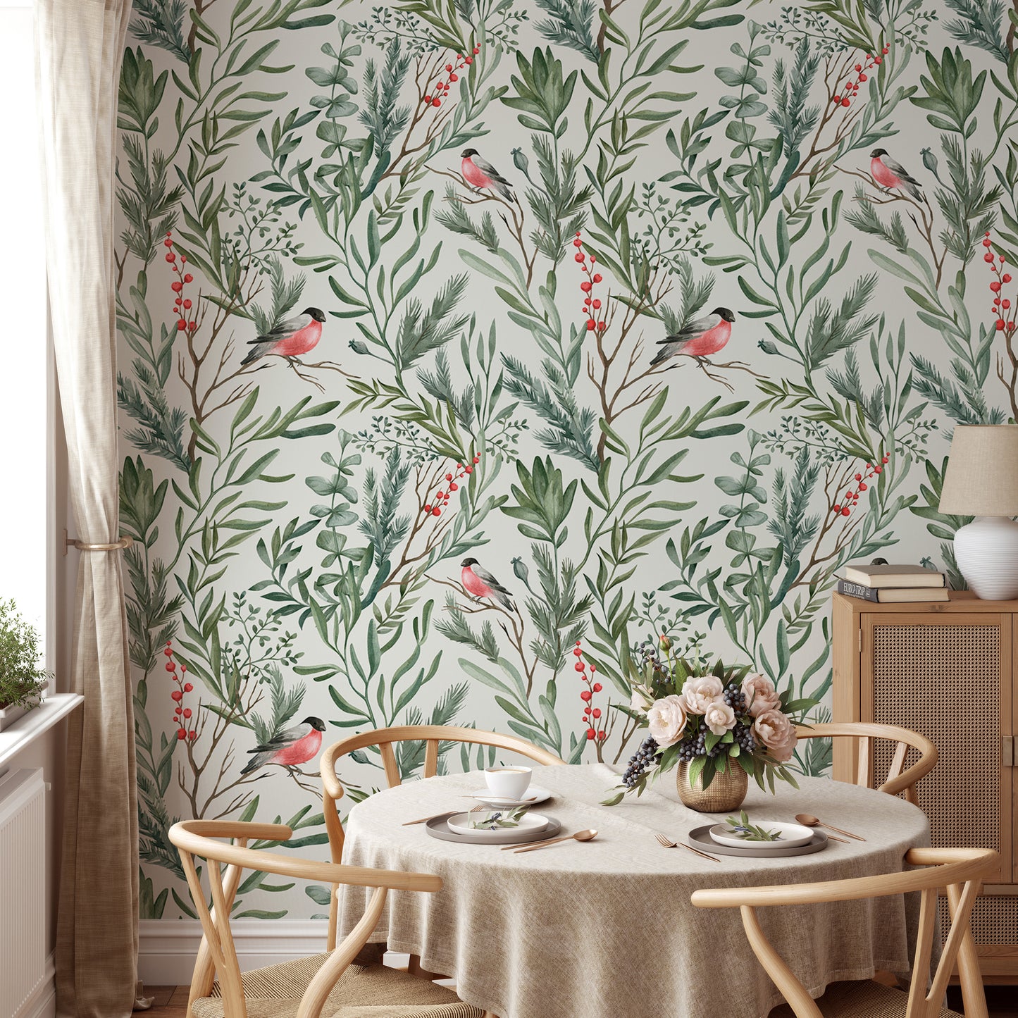 Botanical Watercolor Leaves Bullfinch Bird Foliage Wallpaper