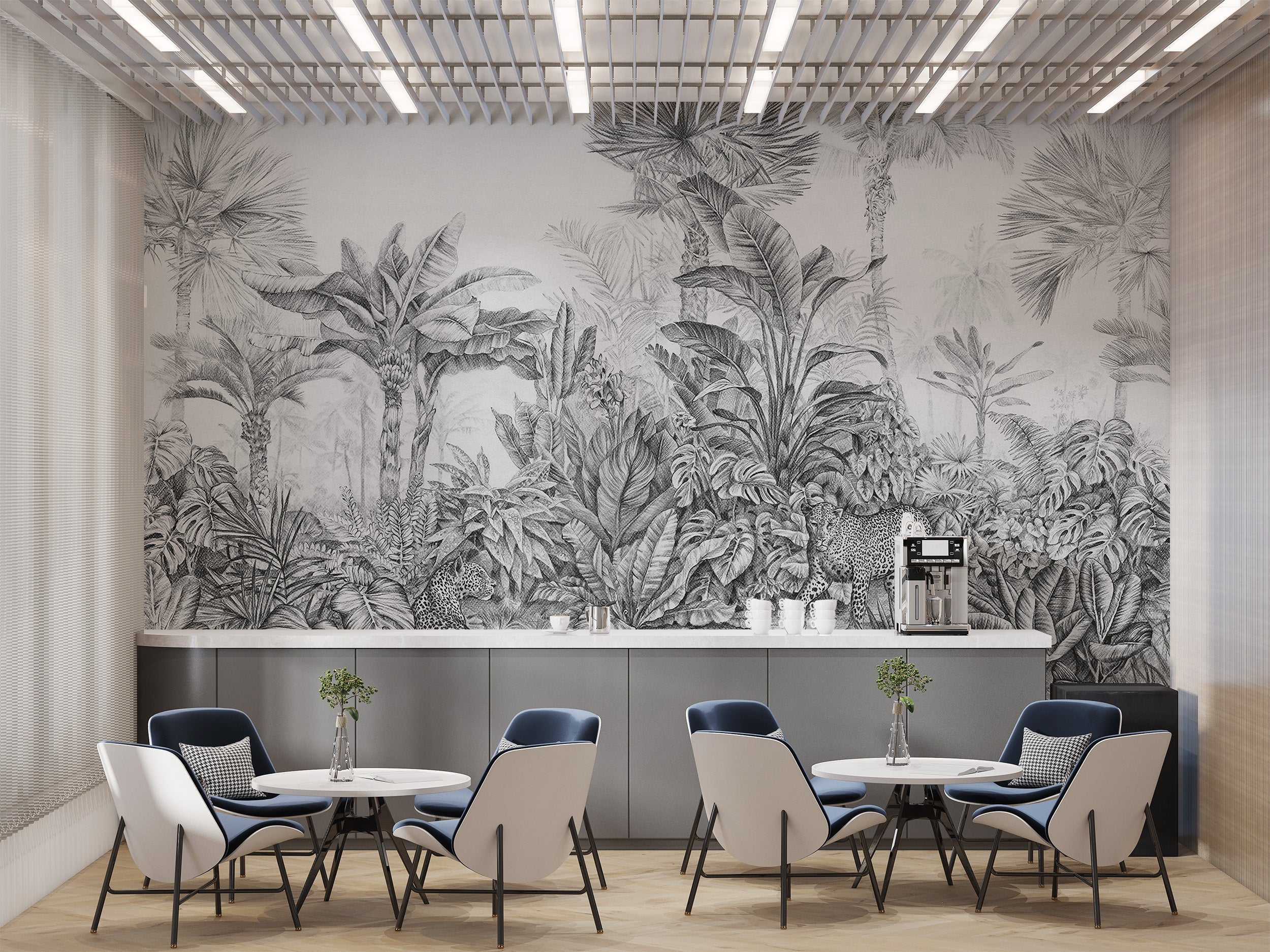 Grey tropical jungle wallpaper featuring leopards
