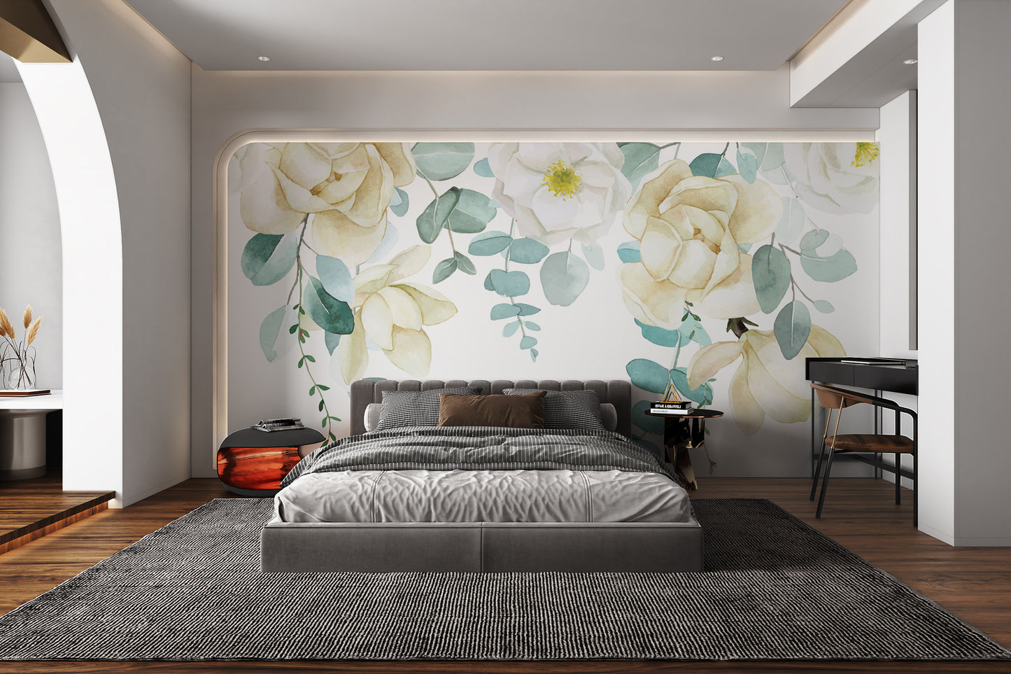 Minimalist eucalyptus and rose mural with watercolor effect