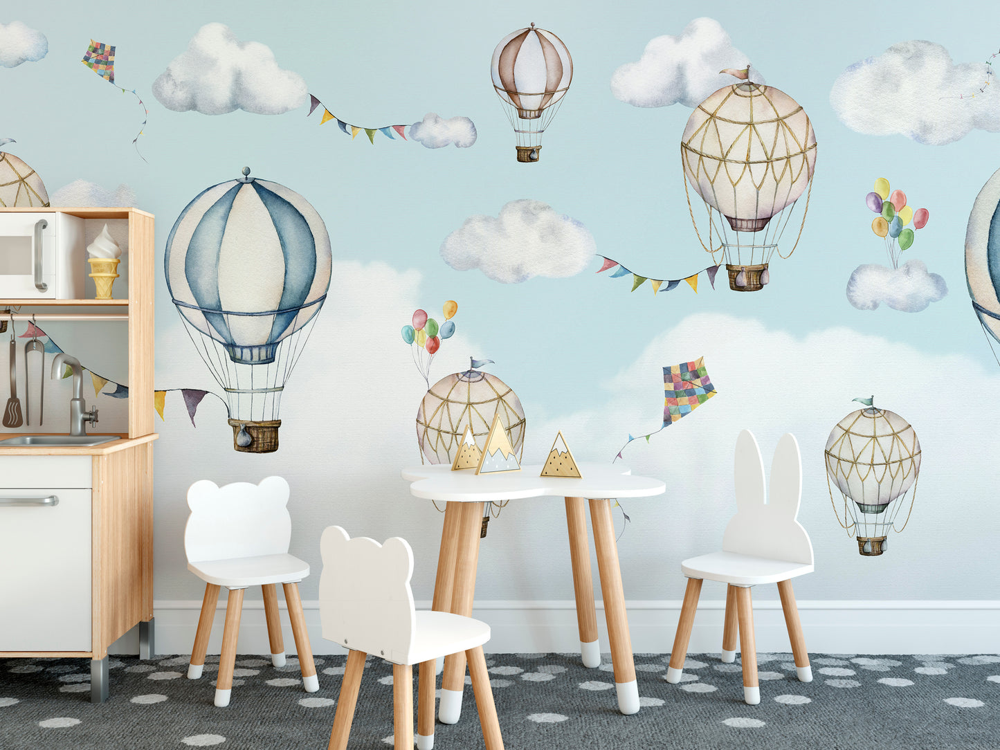 Floating balloon mural perfect for playful interiors.