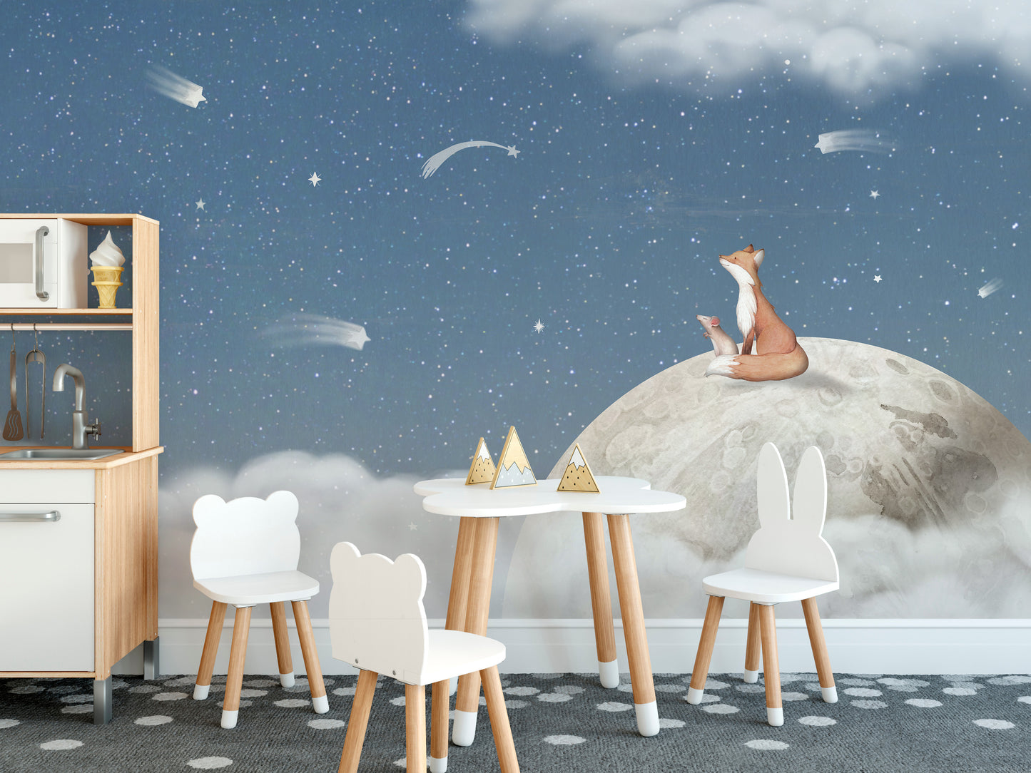 Playful wall mural with a fox on the moon for kids' rooms