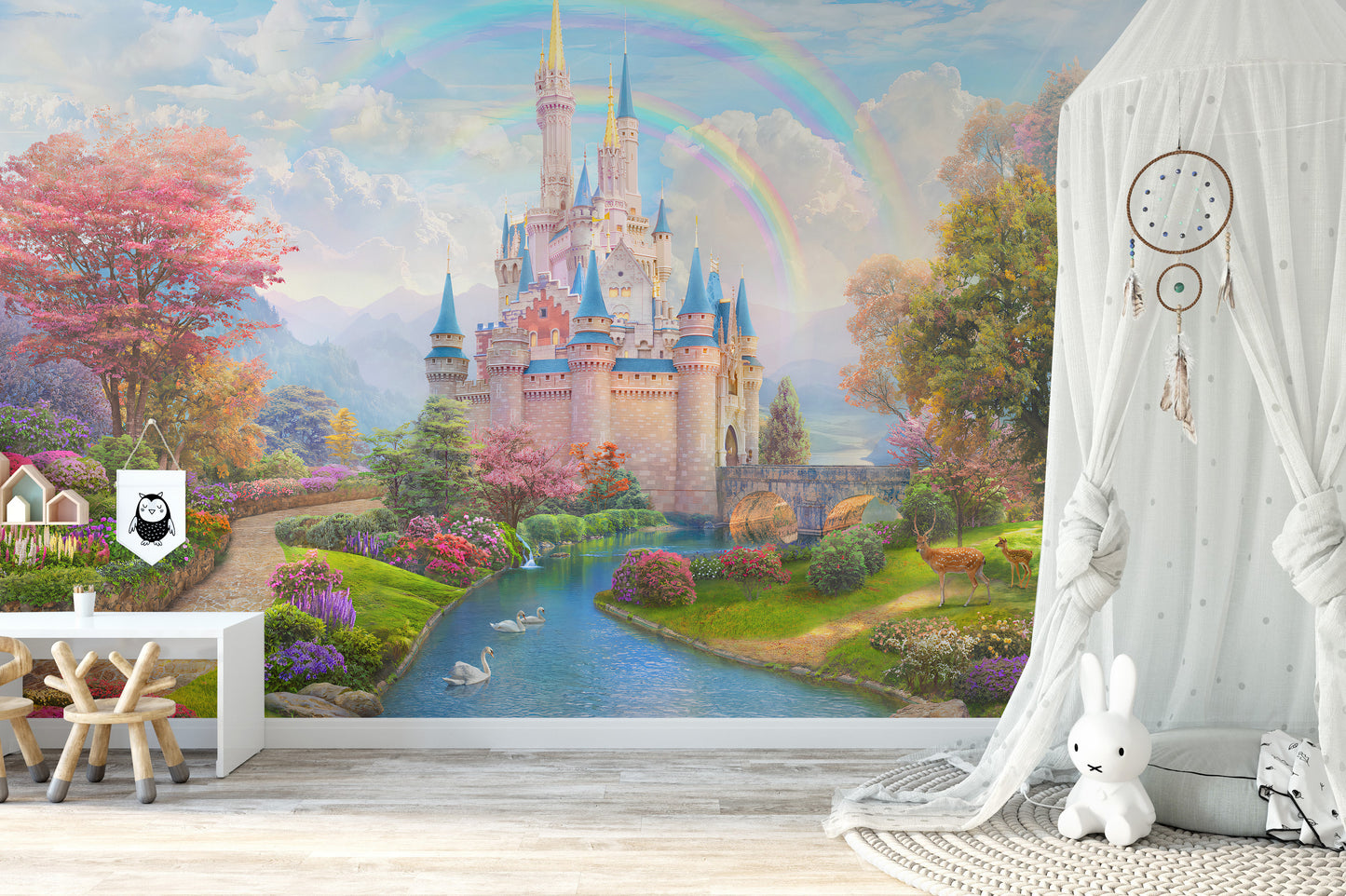 Elegant pink castle wallpaper for girls decor