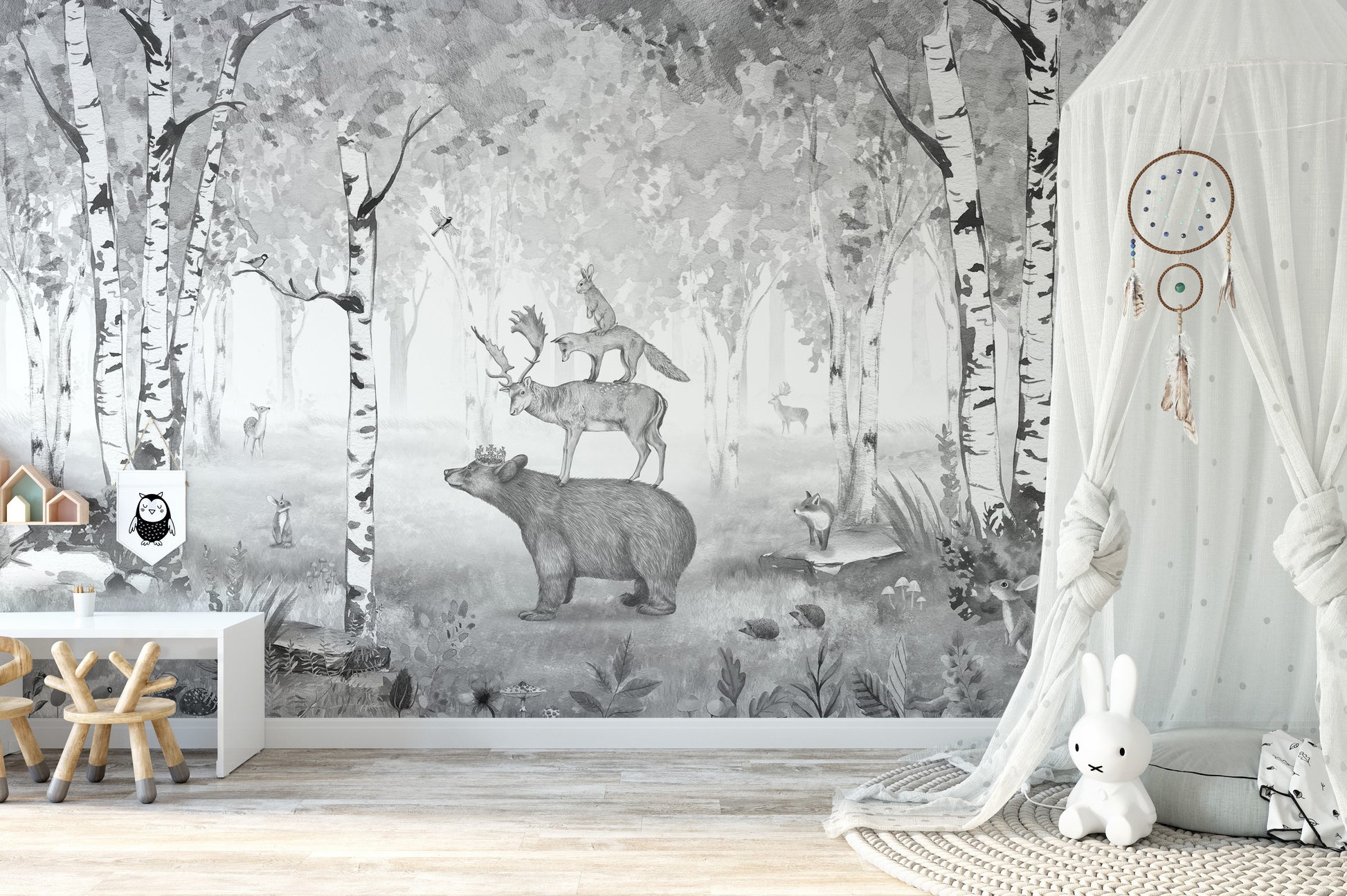 Artistic mural showcasing a tranquil monochrome forest.