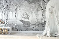 Artistic mural showcasing a tranquil monochrome forest.