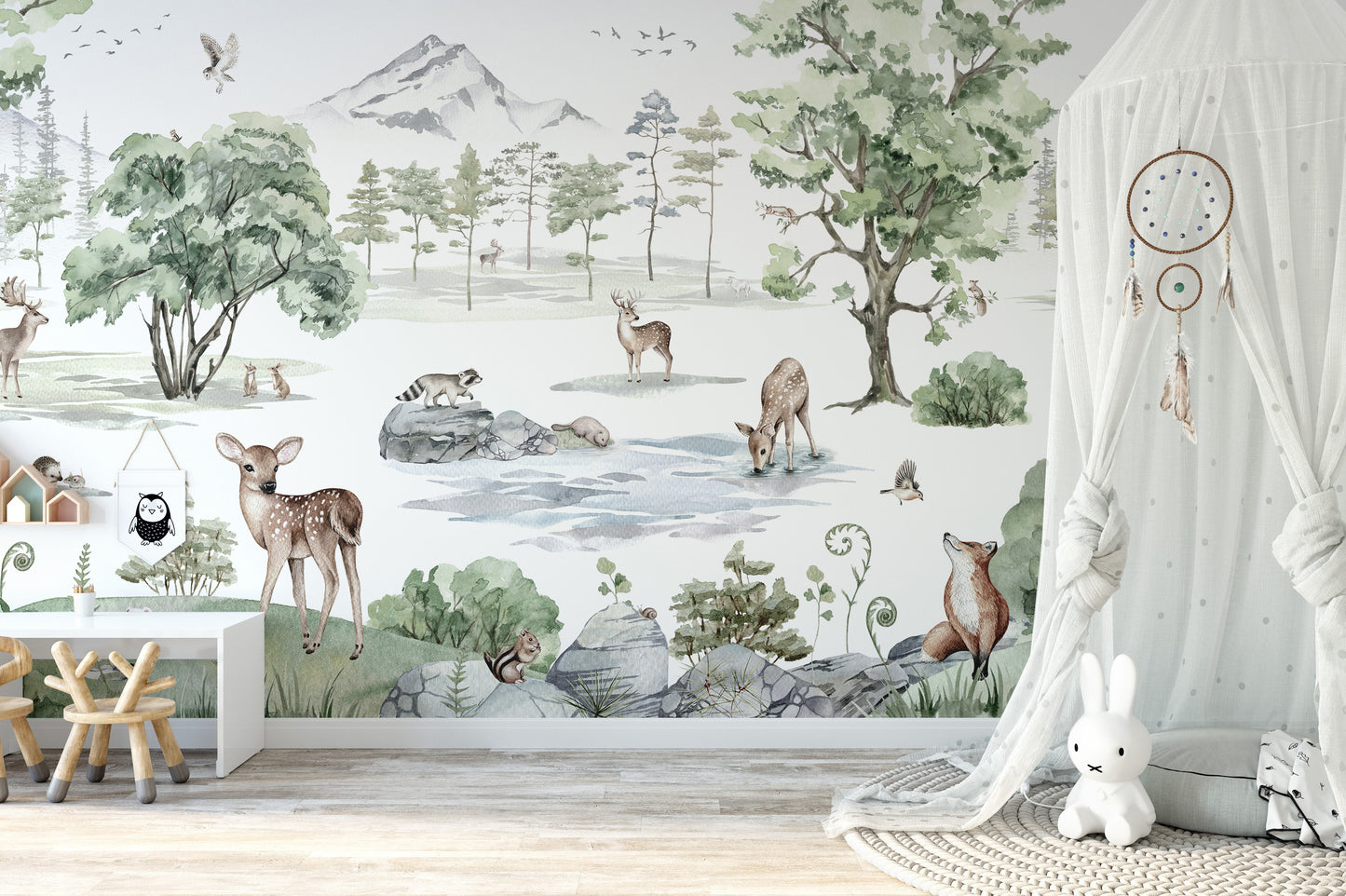Deer mural with a serene and elegant winter forest vibe.