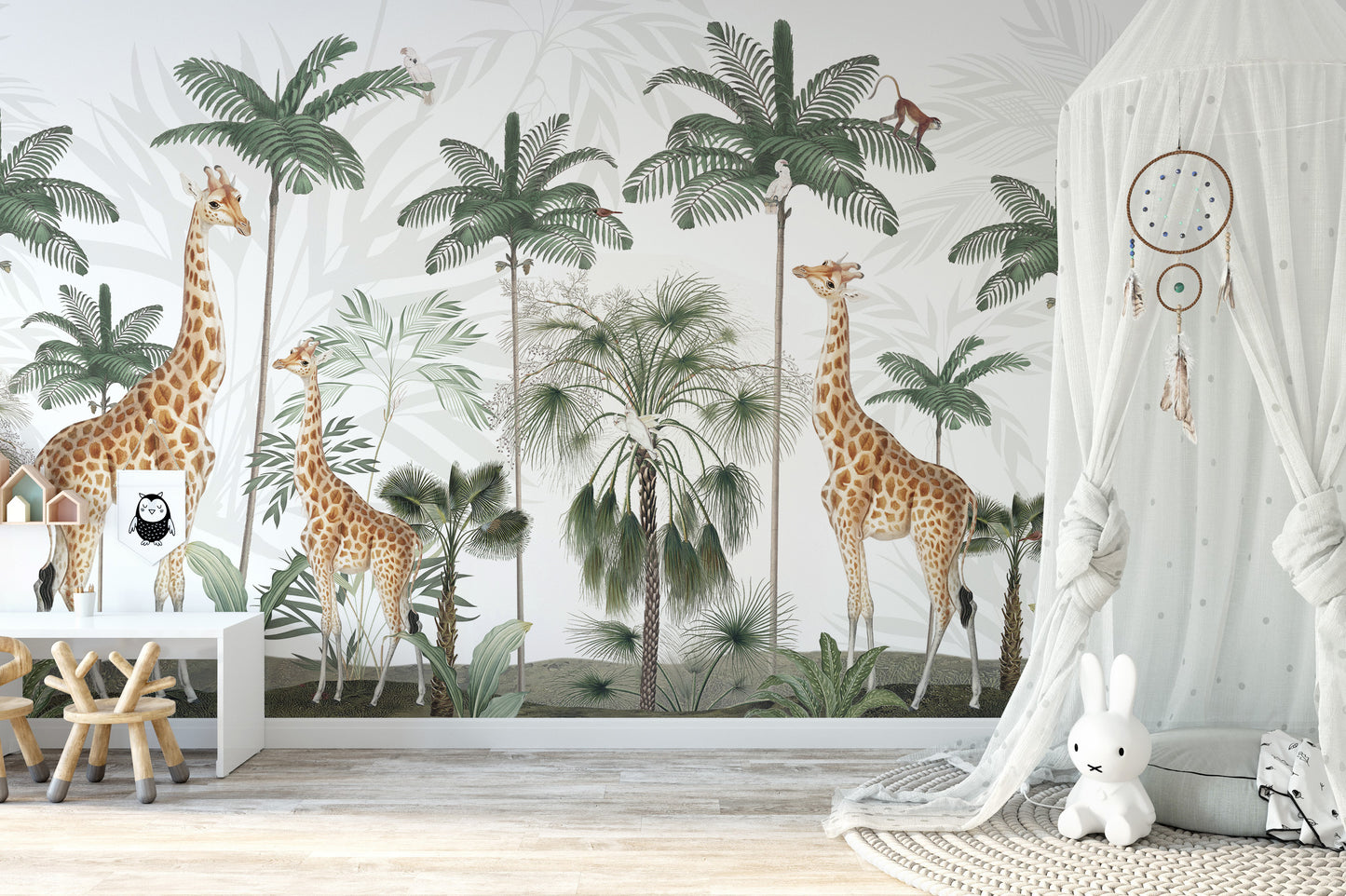 Wildlife-inspired wallpaper featuring graceful giraffes.
