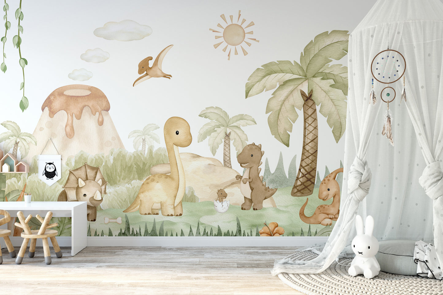 Playful dino baby mural for children’s room decor
