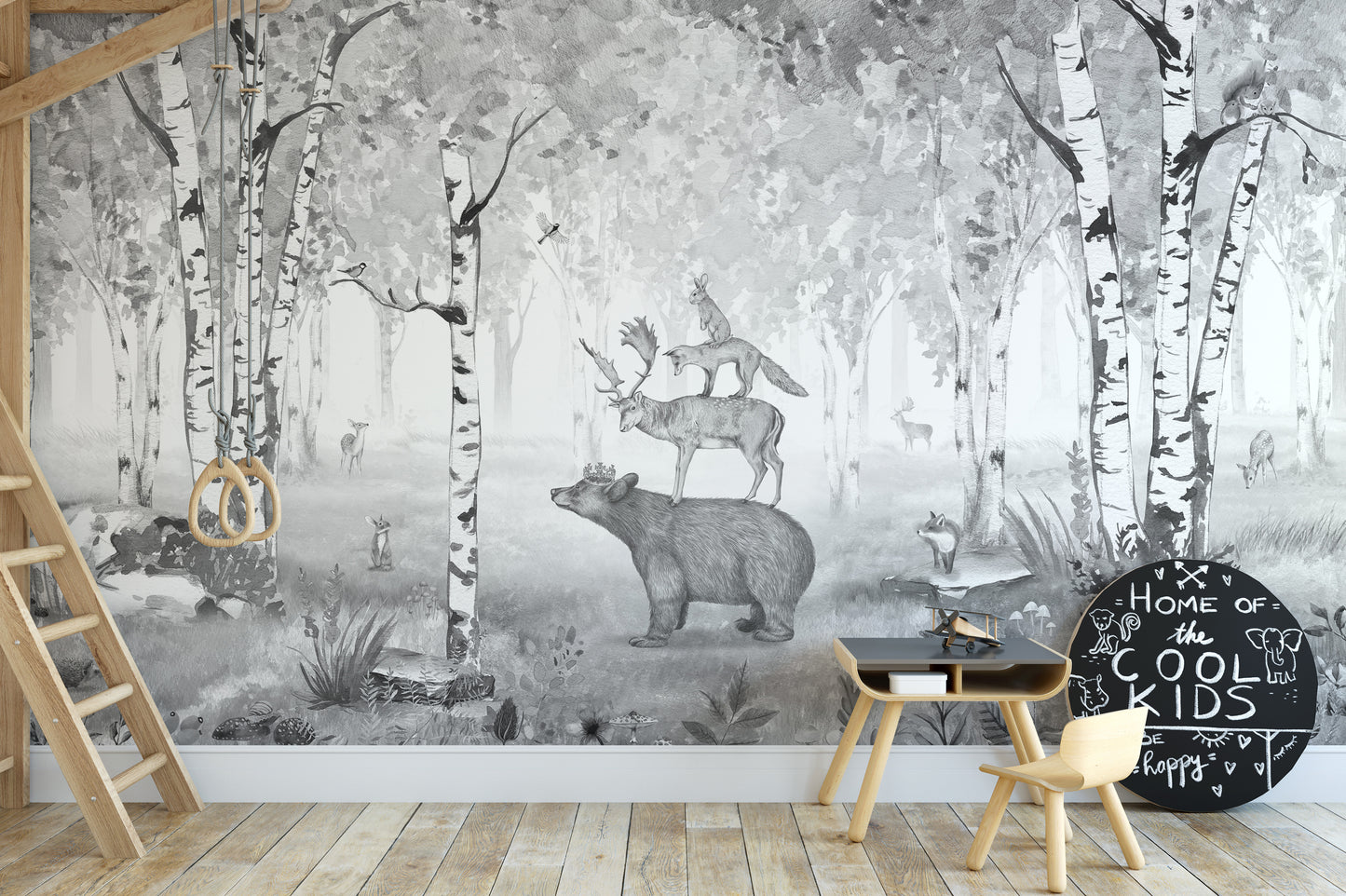 Forest wall mural in elegant black and white tones.