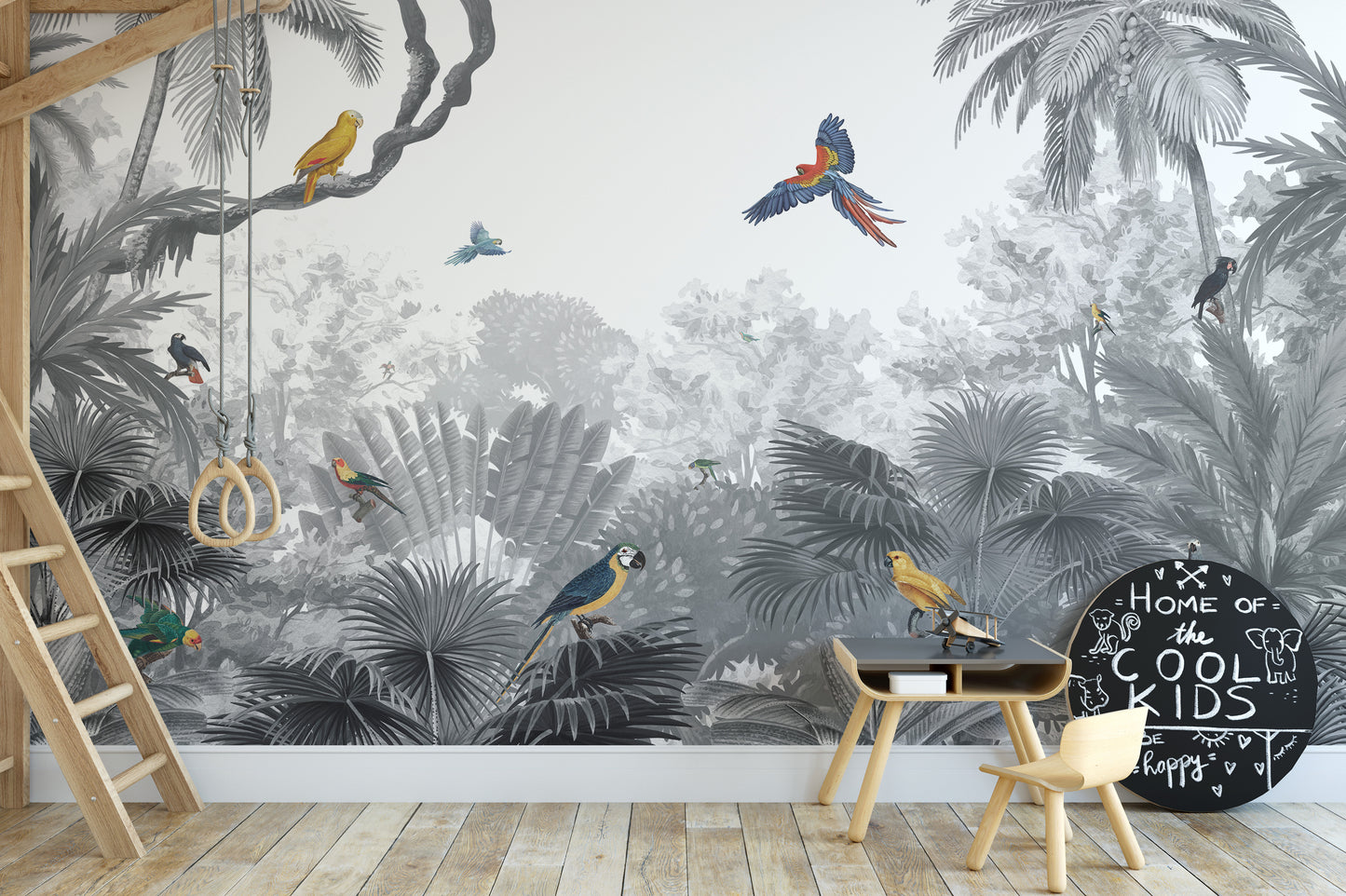 Tropical birds mural adding exotic charm to interiors.