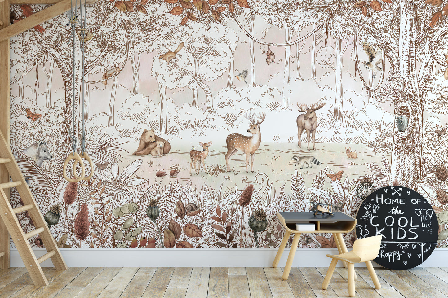 Wildlife-inspired mural with forest animals in autumn hues.