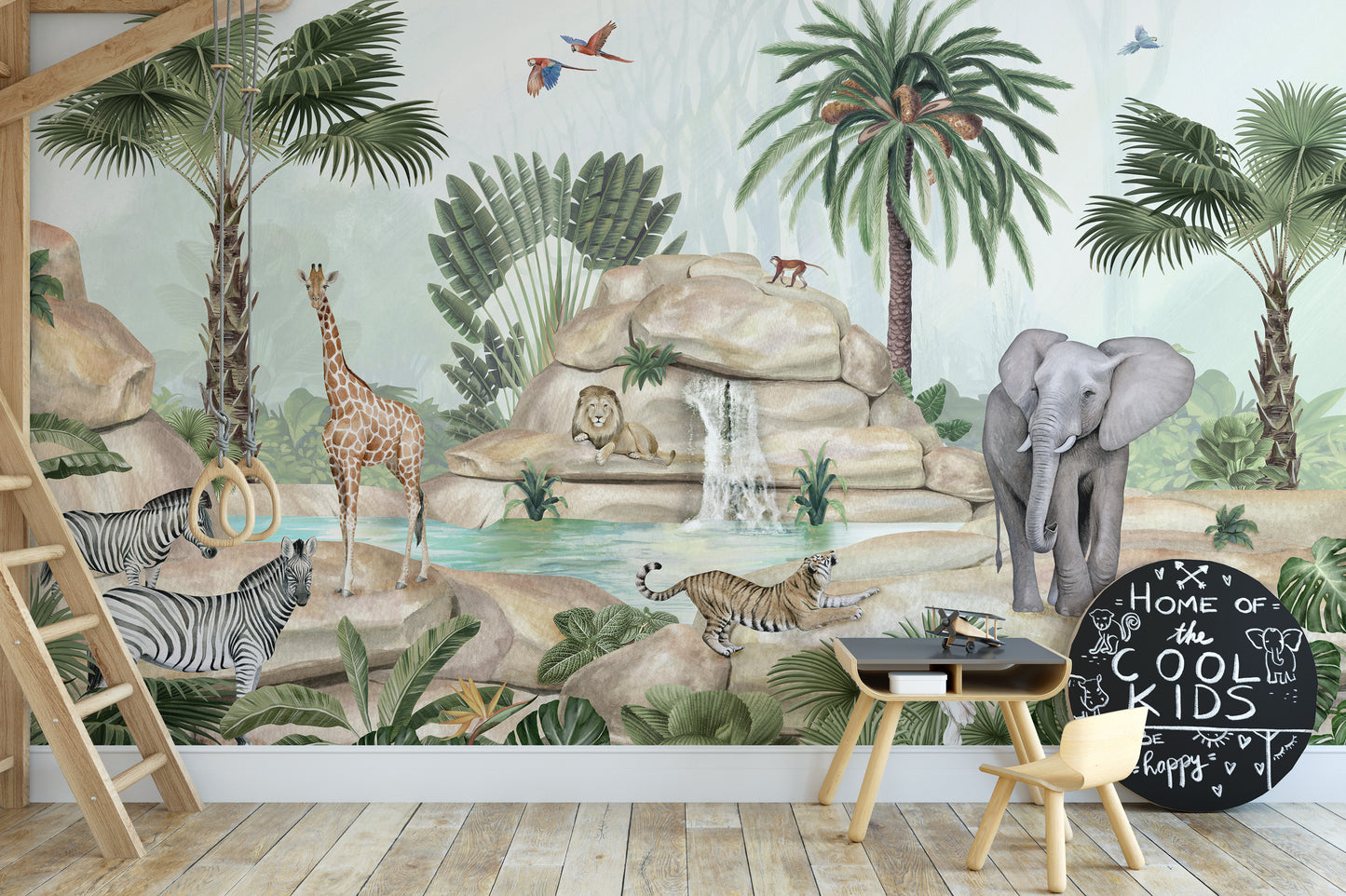 Watercolor pond mural with serene animal illustrations.