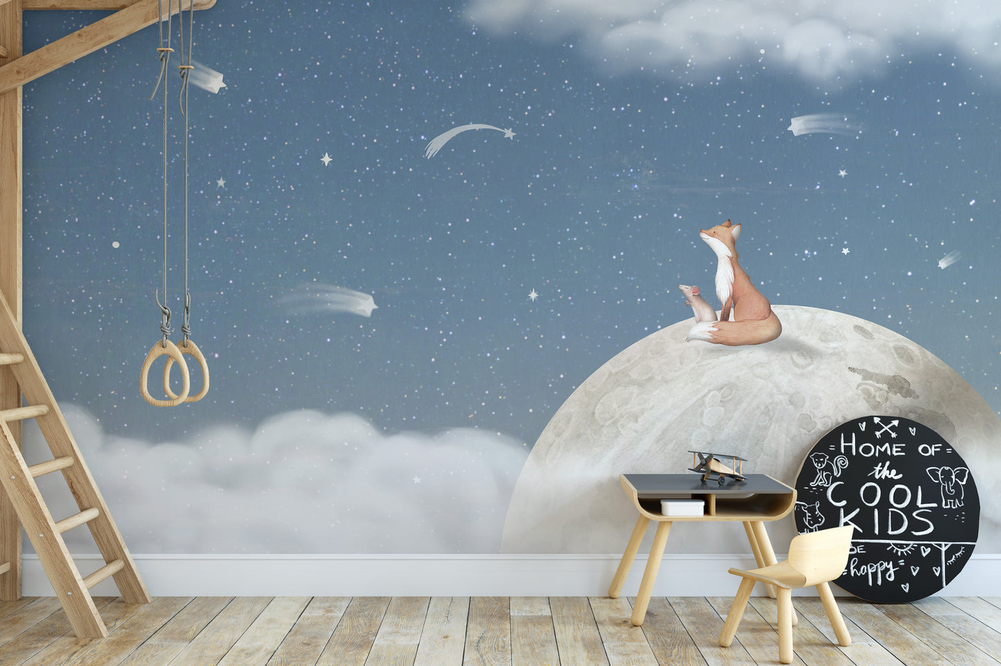 Calming mural showcasing a fox perched on the moon in blue hues