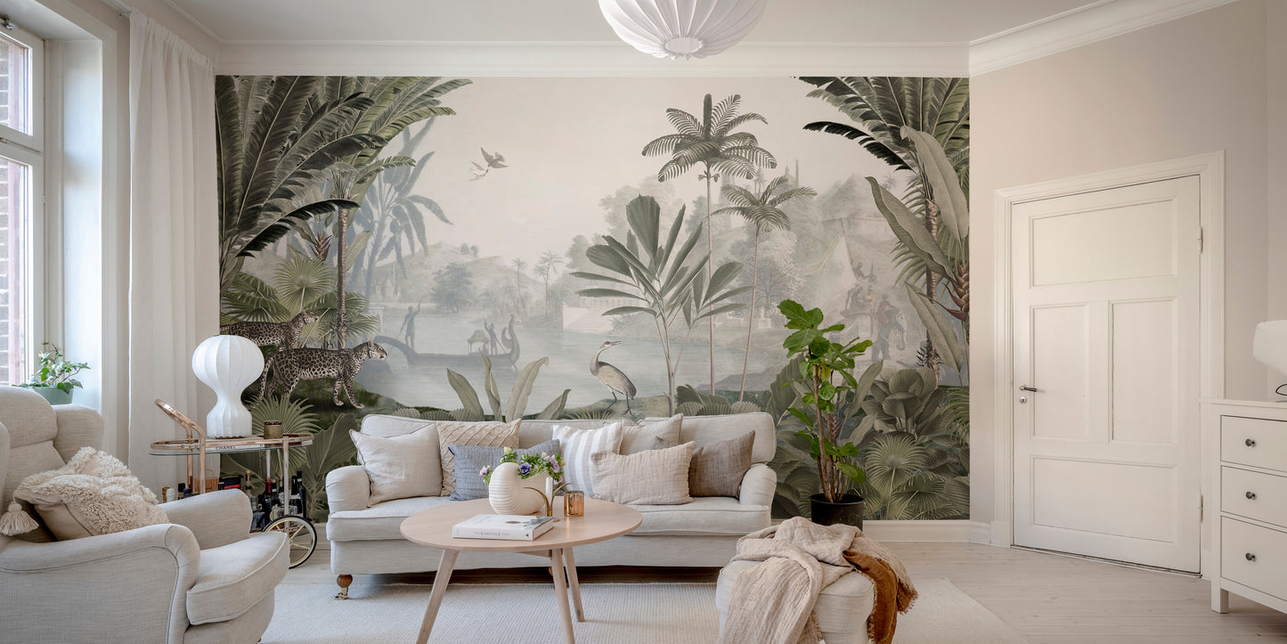 Leopard and nature mural with verdant forest vibes.