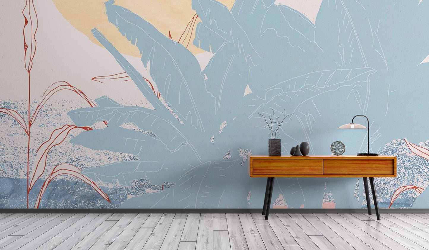 Bold tropical wall mural featuring a Miami moon scene