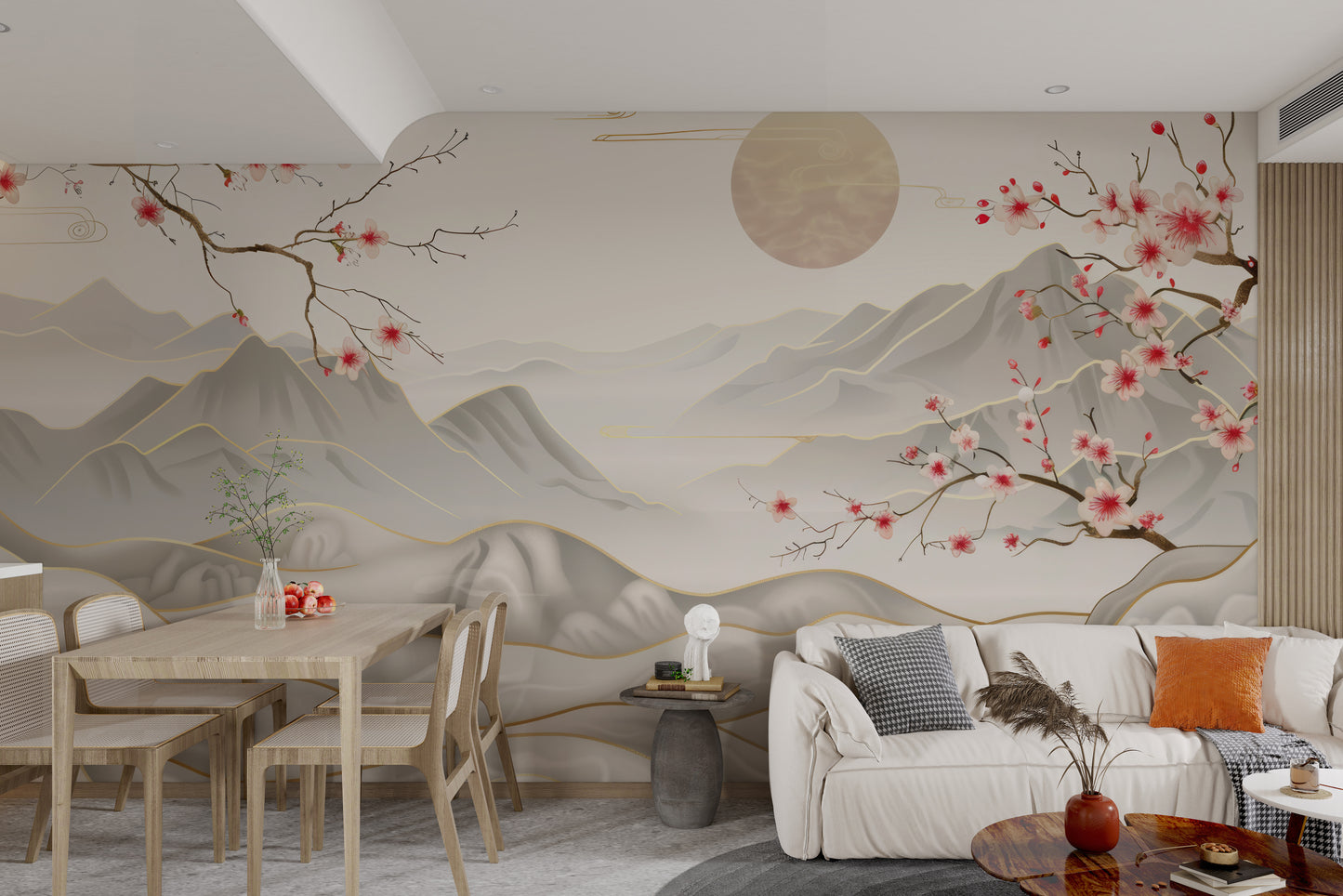 Soft neutral floral landscape wallpaper with gold highlights