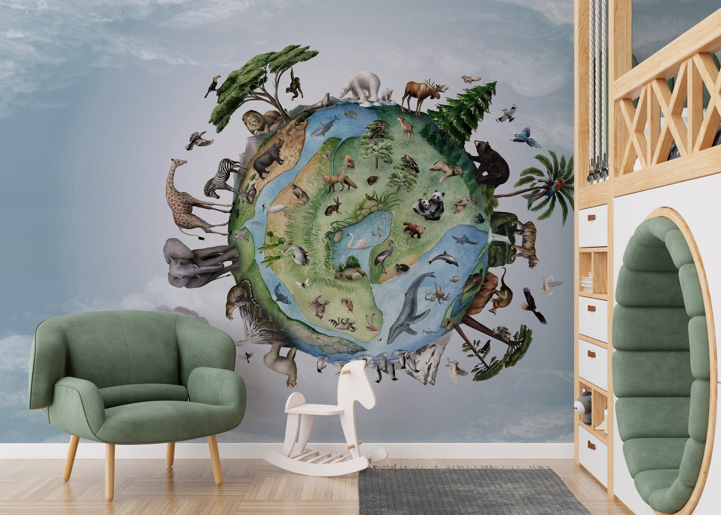 Wildlife mural depicting animals in their global habitats.