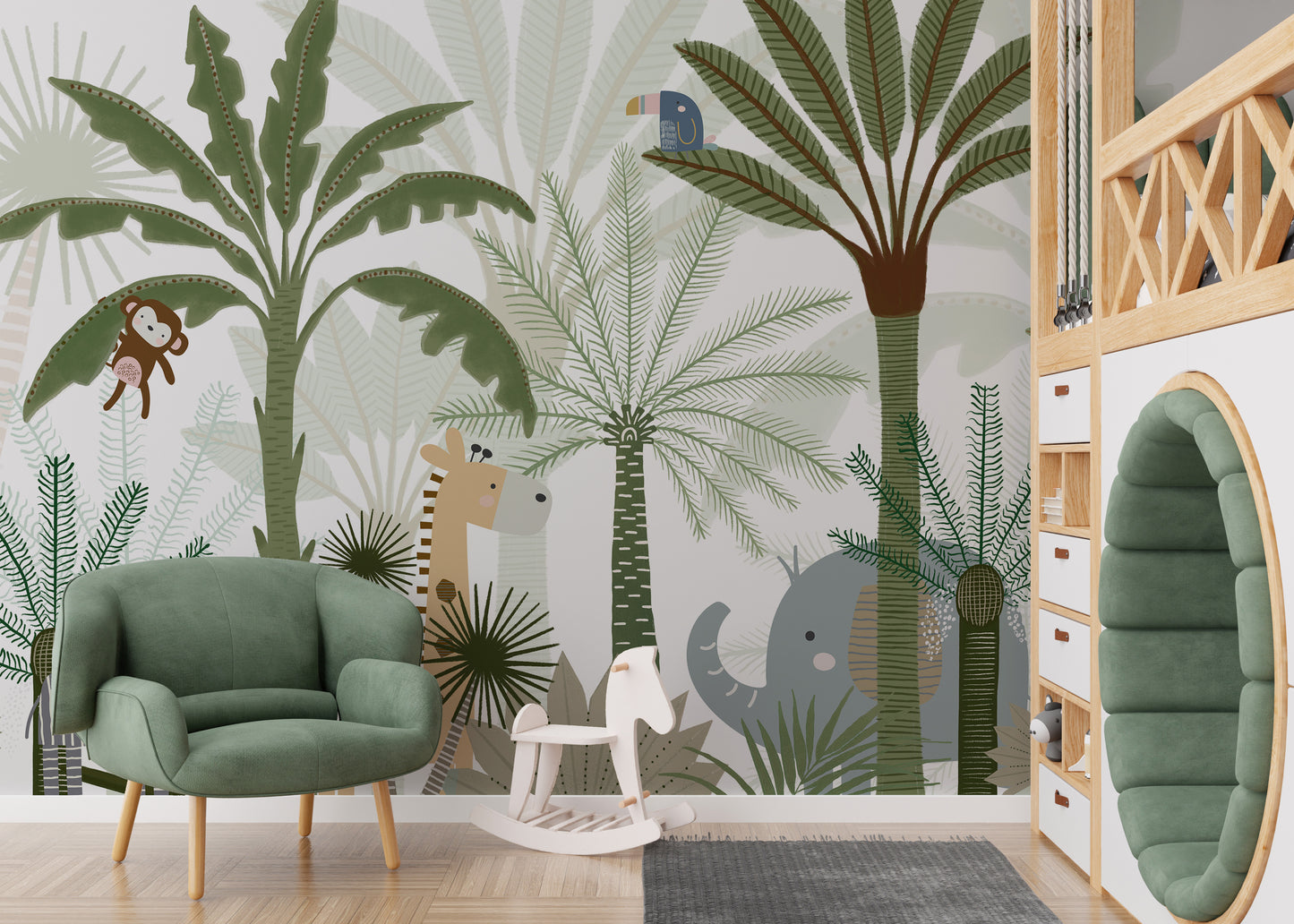 Whimsical jungle jive mural with playful animal illustrations