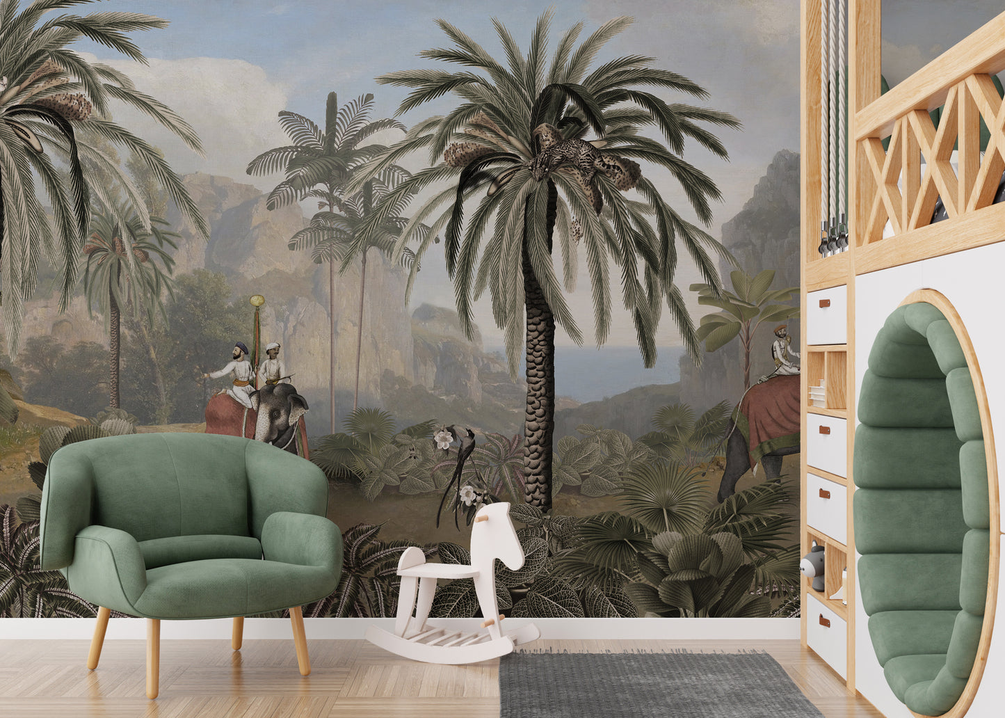 Dense jungle foliage with vibrant tropical accents.