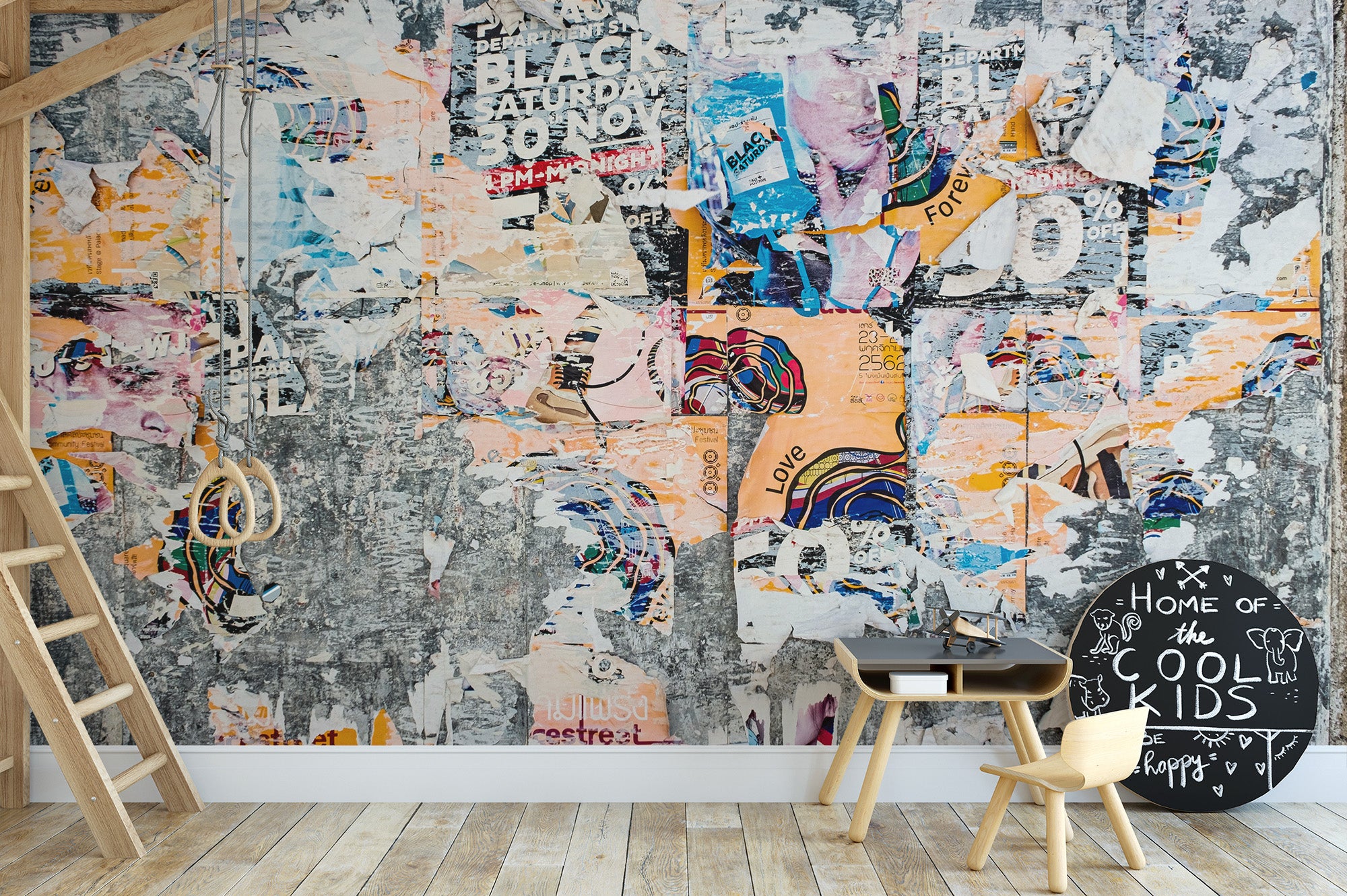 Vintage-inspired layered echoes mural artwork