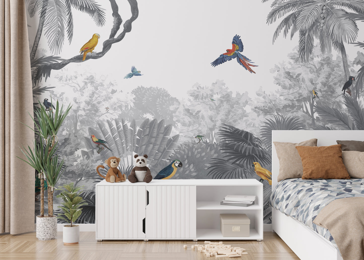 Lush canopy mural featuring tropical birds in nature.