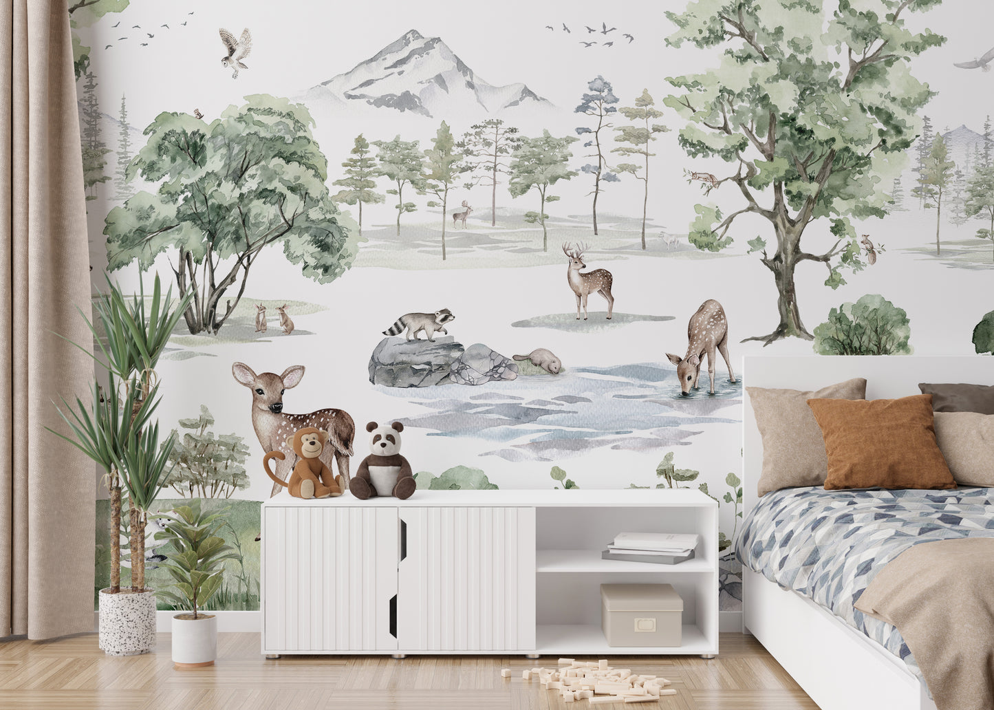 Winter forest mural with majestic deer and snowy trees.