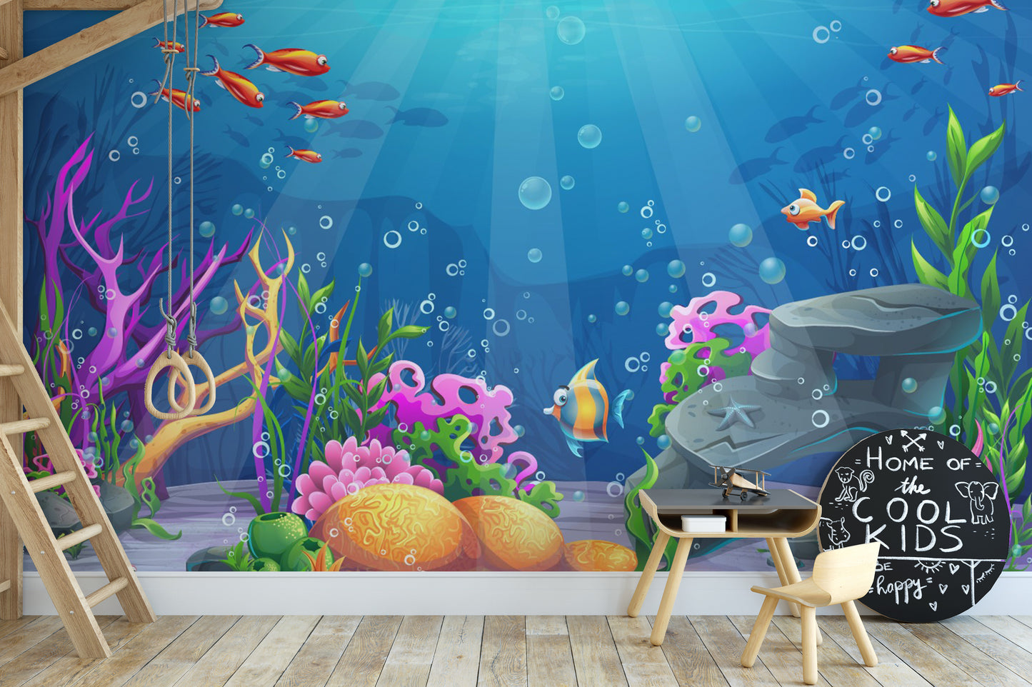 Sea-inspired mural featuring painted creatures