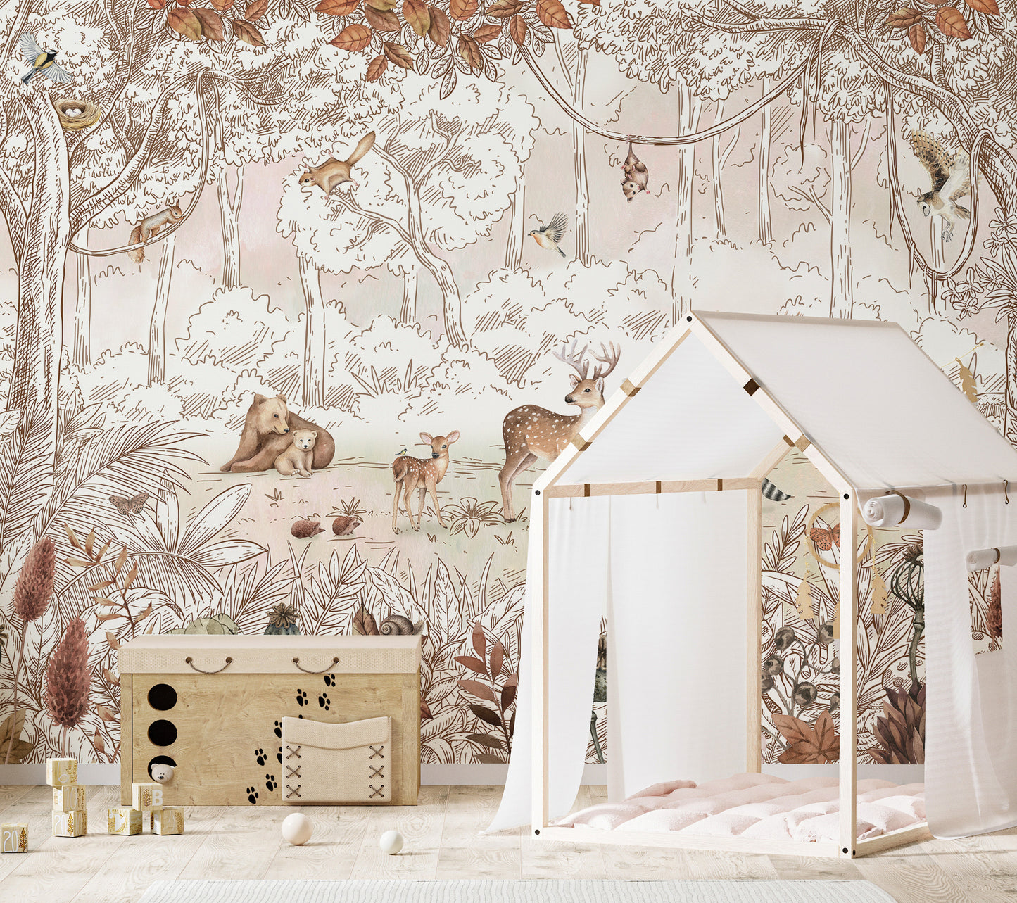 Autumn wall mural showcasing forest animals and nature.