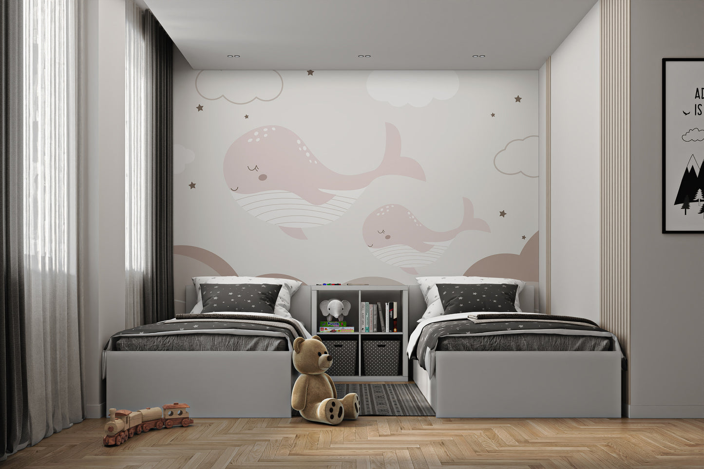 Gentle wall design with sleepy whales and soft clouds