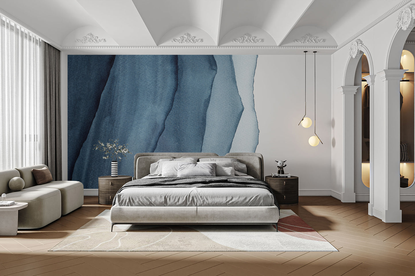 Bold abstract mural with deep blue waves and artistic textures