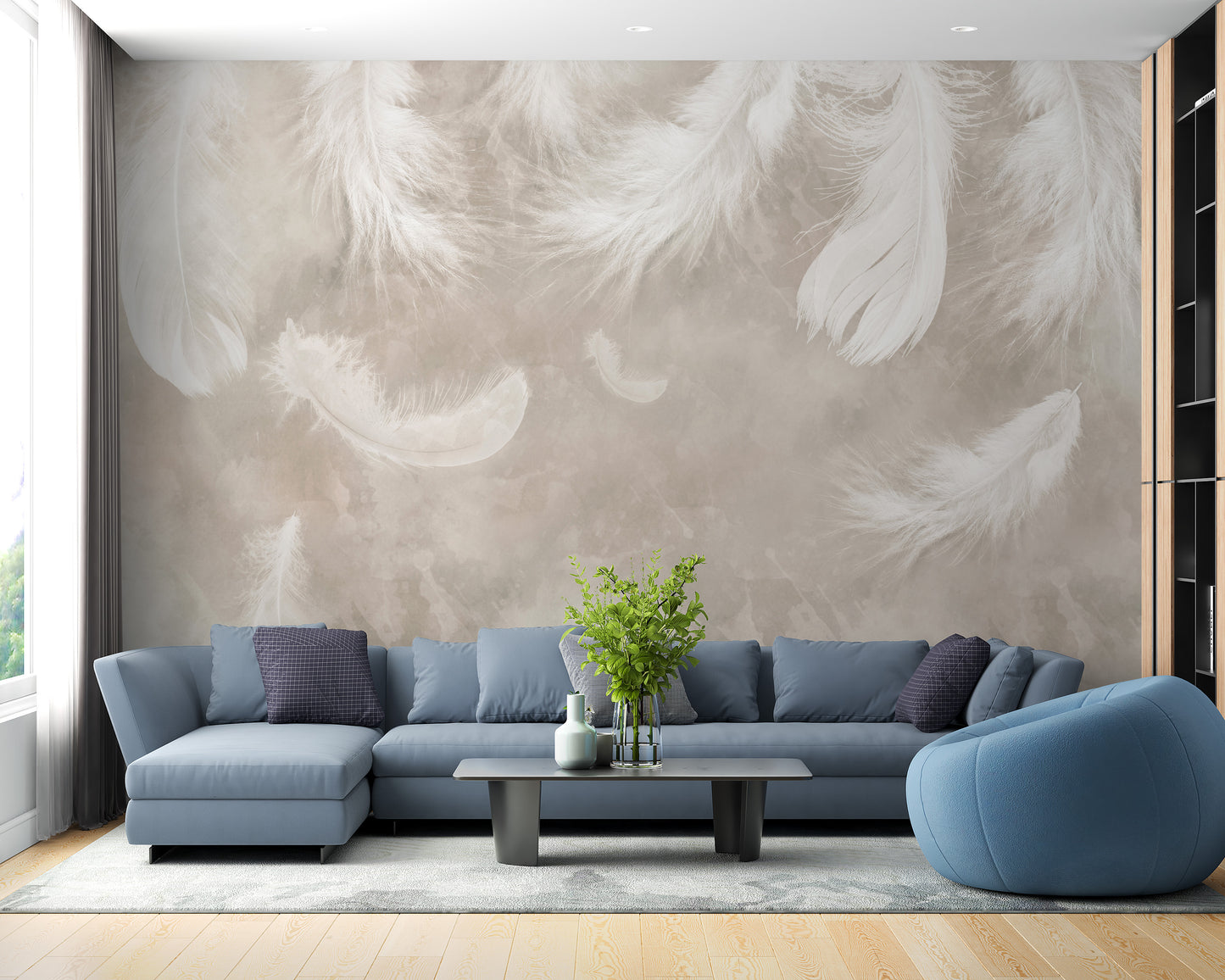 Feather drift mural for calming home accents